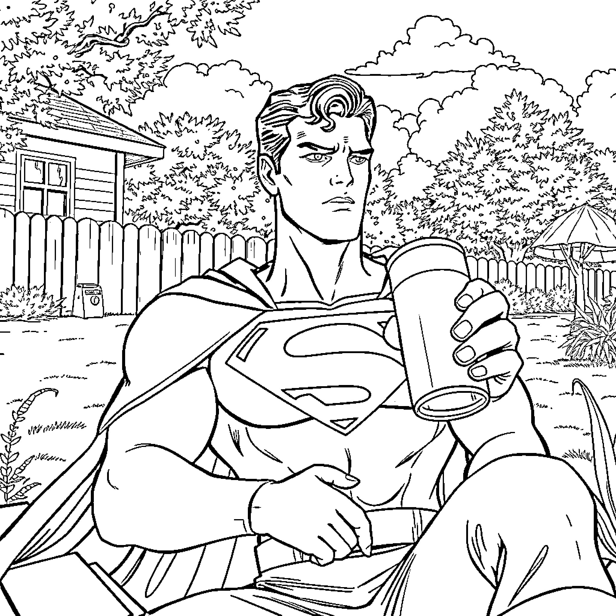 Superman relaxing in the countryside Coloring Page (free black-and-white line drawing printable PDF for all, from beginners to advanced learners, including children, teens, adults, and seniors)
