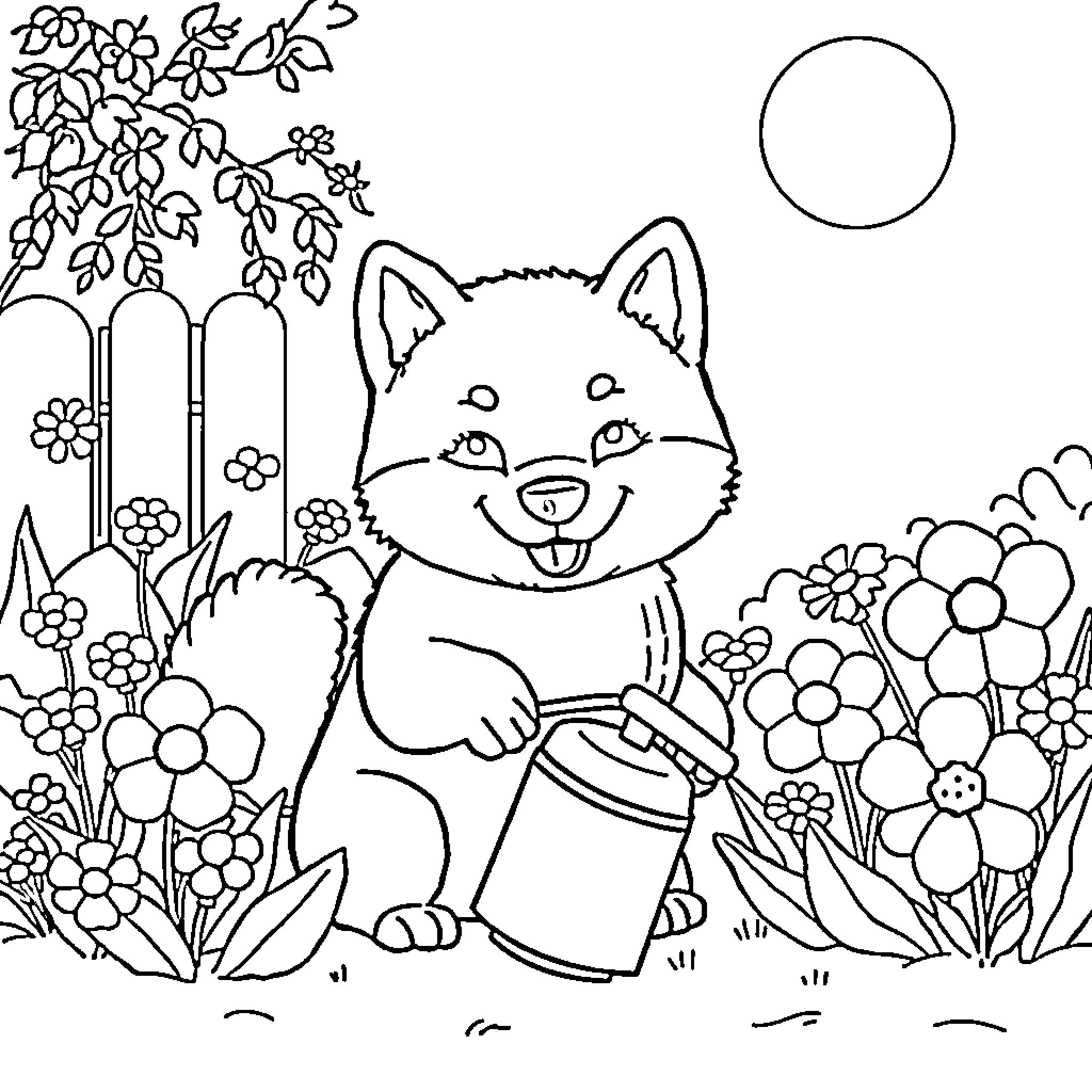 Shiba Inu gardening in a whimsical floral landscape Coloring Page (free black-and-white line drawing printable PDF for all, from beginners to advanced learners, including children, teens, adults, and seniors)