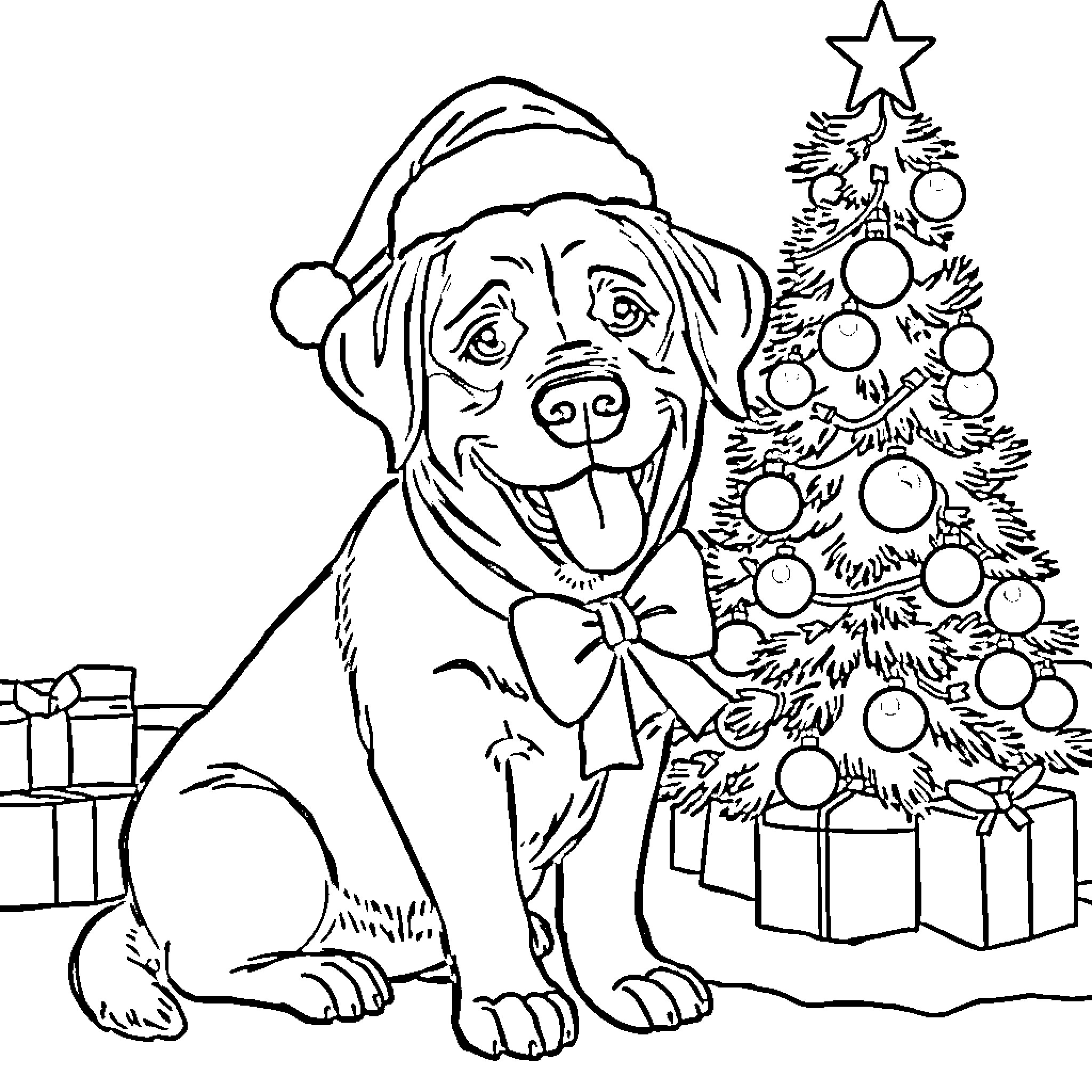 Lab Dog Enjoying the Christmas Season Coloring Page (free black-and-white line drawing printable PDF for all, from beginners to advanced learners, including children, teens, adults, and seniors)