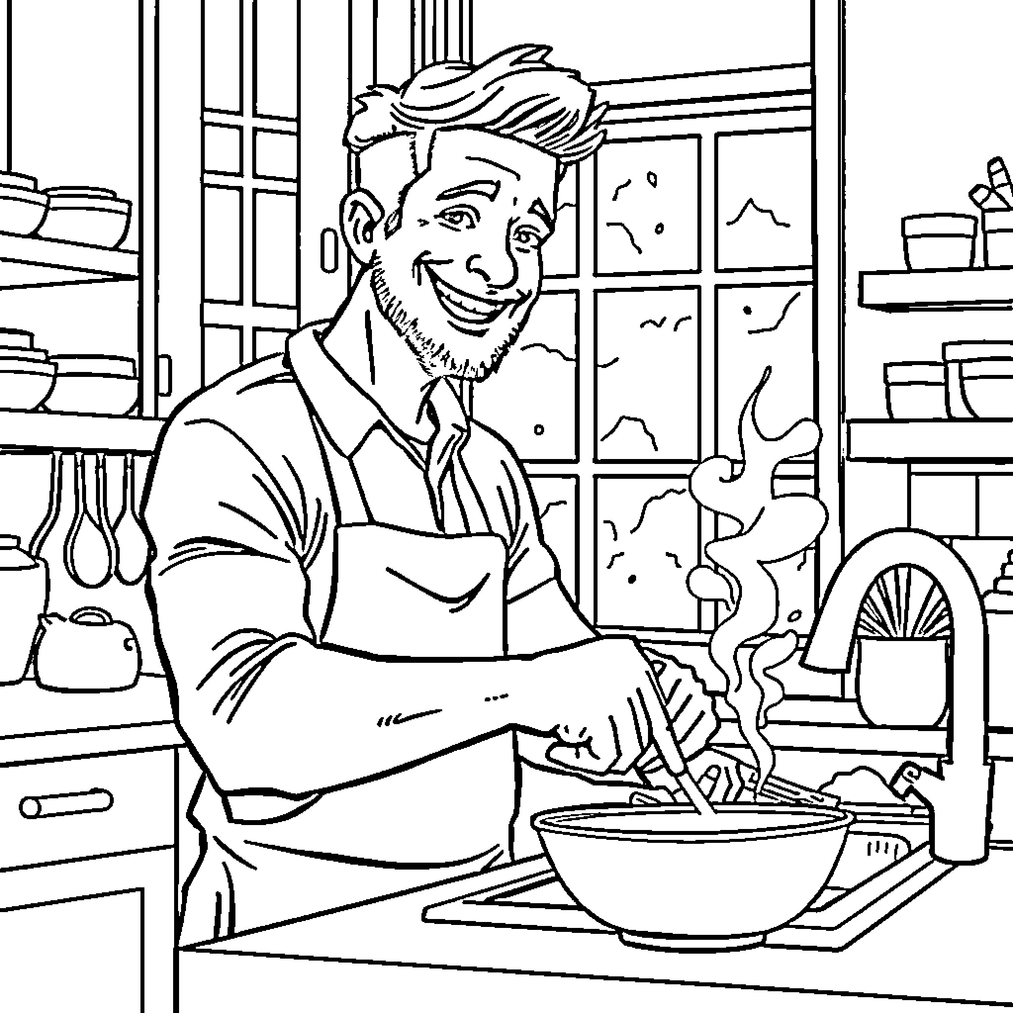 Man cooking enthusiastically in a kitchen Coloring Page (free black-and-white line drawing printable PDF for all, from beginners to advanced learners, including children, teens, adults, and seniors)