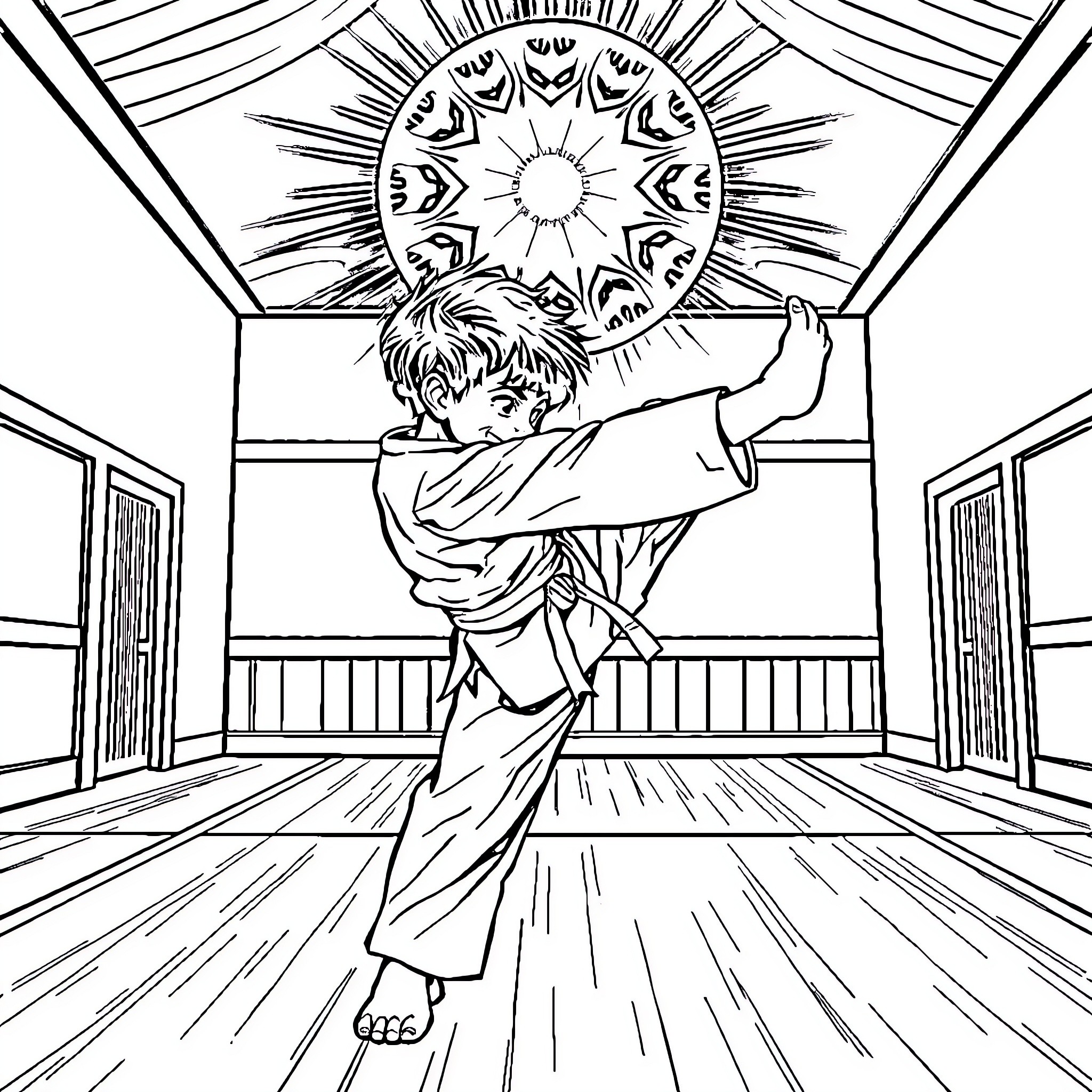 Child practicing martial arts in a dojo Coloring Page (free black-and-white line drawing printable PDF for all, from beginners to advanced learners, including children, teens, adults, and seniors)