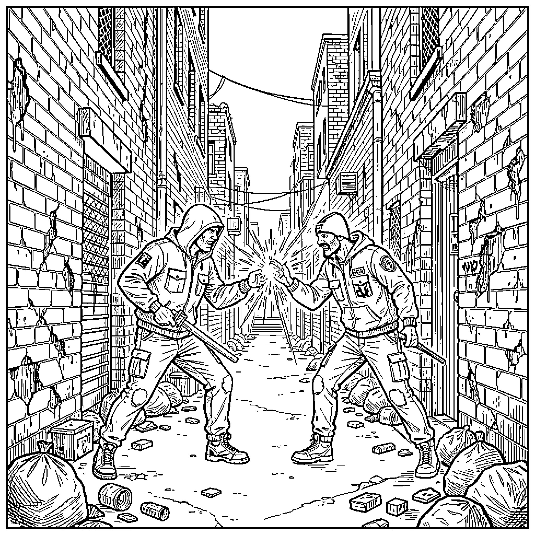 Gang members facing off in a narrow alleyway Coloring Page (free black-and-white line drawing printable PDF for all, from beginners to advanced learners, including children, teens, adults, and seniors)