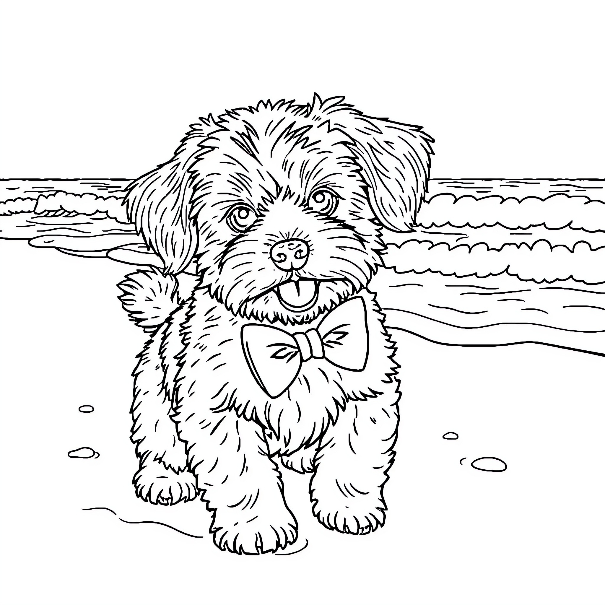 Cavapoo playing happily at the beach Coloring Page (free black-and-white line drawing printable PDF for all, from beginners to advanced learners, including children, teens, adults, and seniors)