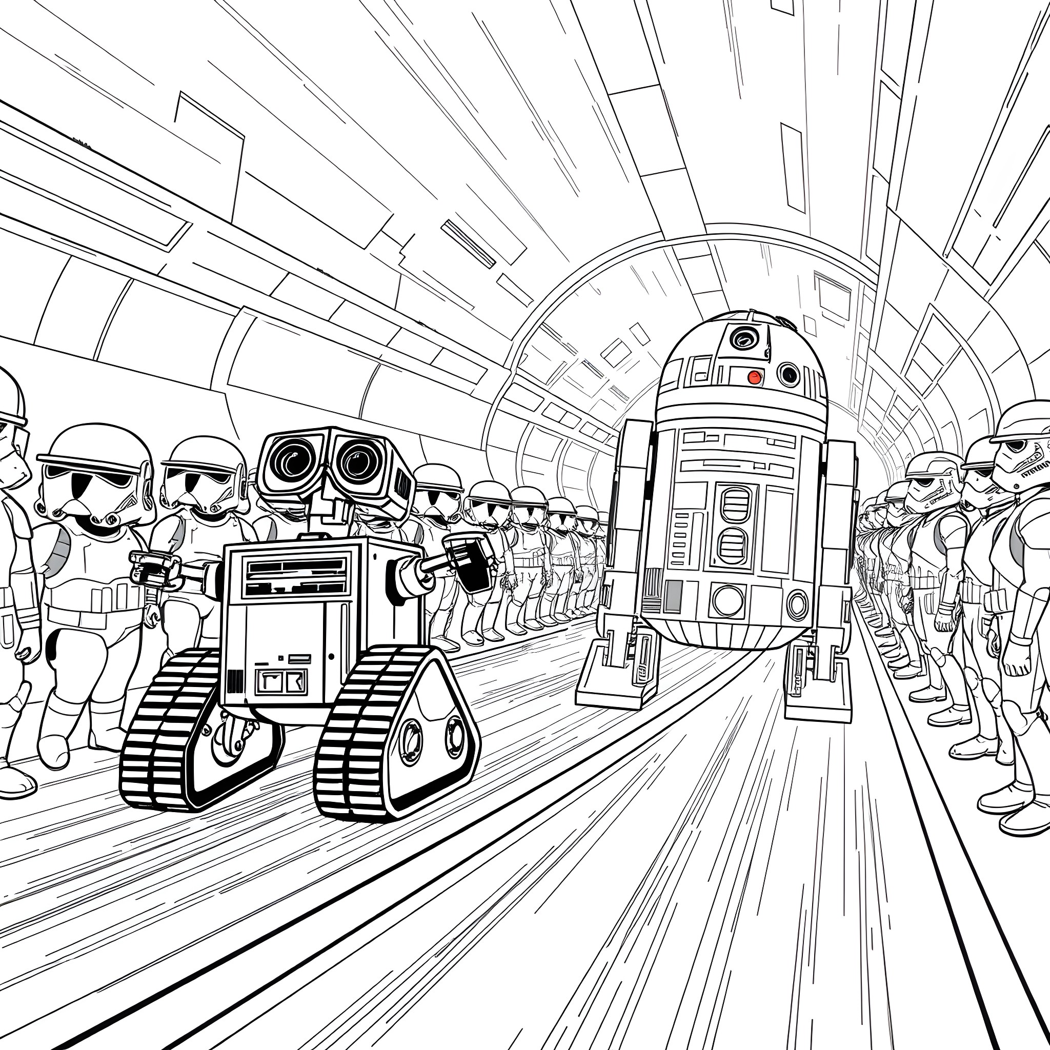 Robot army assembling in futuristic hangar Coloring Page (free black-and-white line drawing printable PDF for all, from beginners to advanced learners, including children, teens, adults, and seniors)