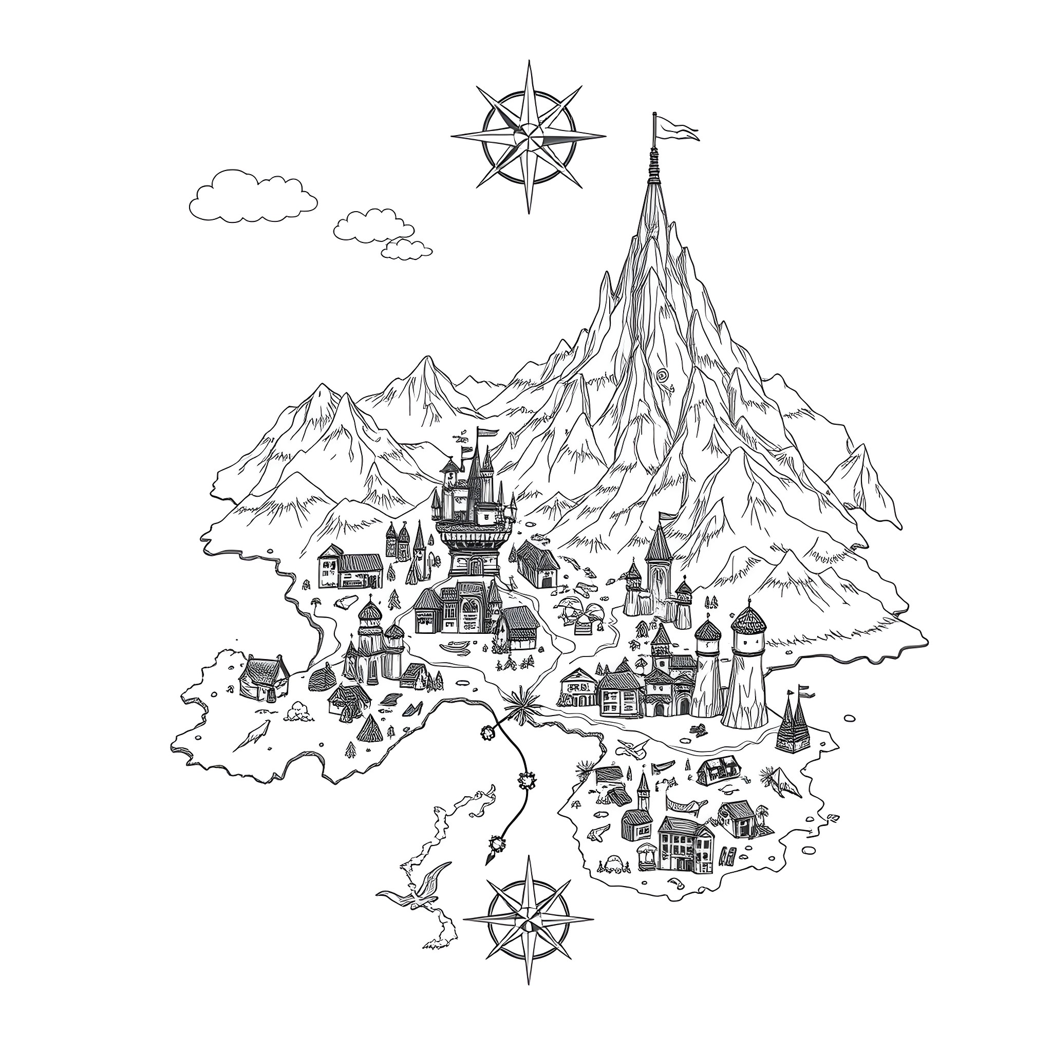 Map of Fantastical Realm with Castles and Mountains Coloring Page (free black-and-white line drawing printable PDF for all, from beginners to advanced learners, including children, teens, adults, and seniors)