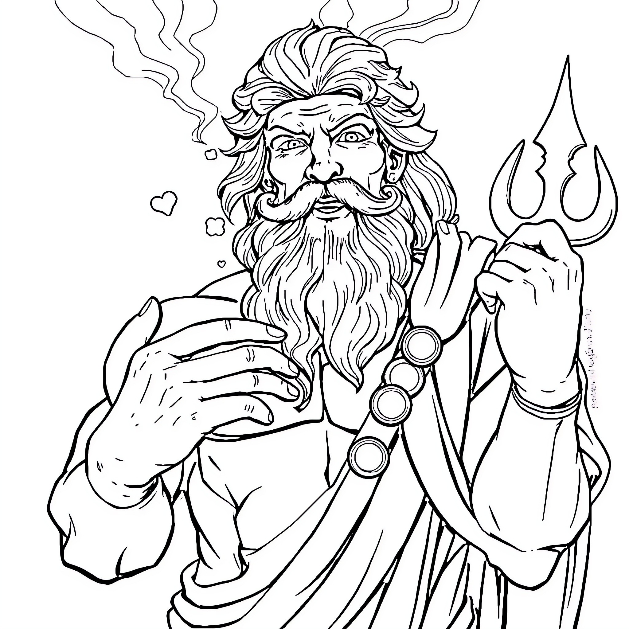 Zeus Wielding His Mighty Trident Coloring Page (free black-and-white line drawing printable PDF for all, from beginners to advanced learners, including children, teens, adults, and seniors)