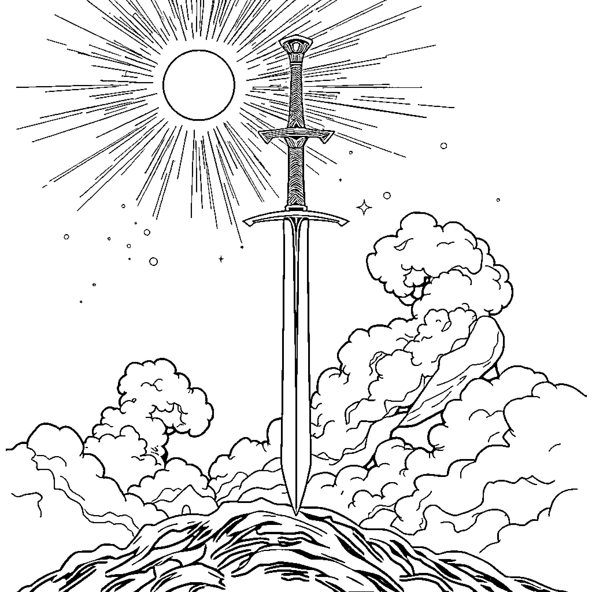 Sword rising above the clouds and sun Coloring Page (free black-and-white line drawing printable PDF for all, from beginners to advanced learners, including children, teens, adults, and seniors)