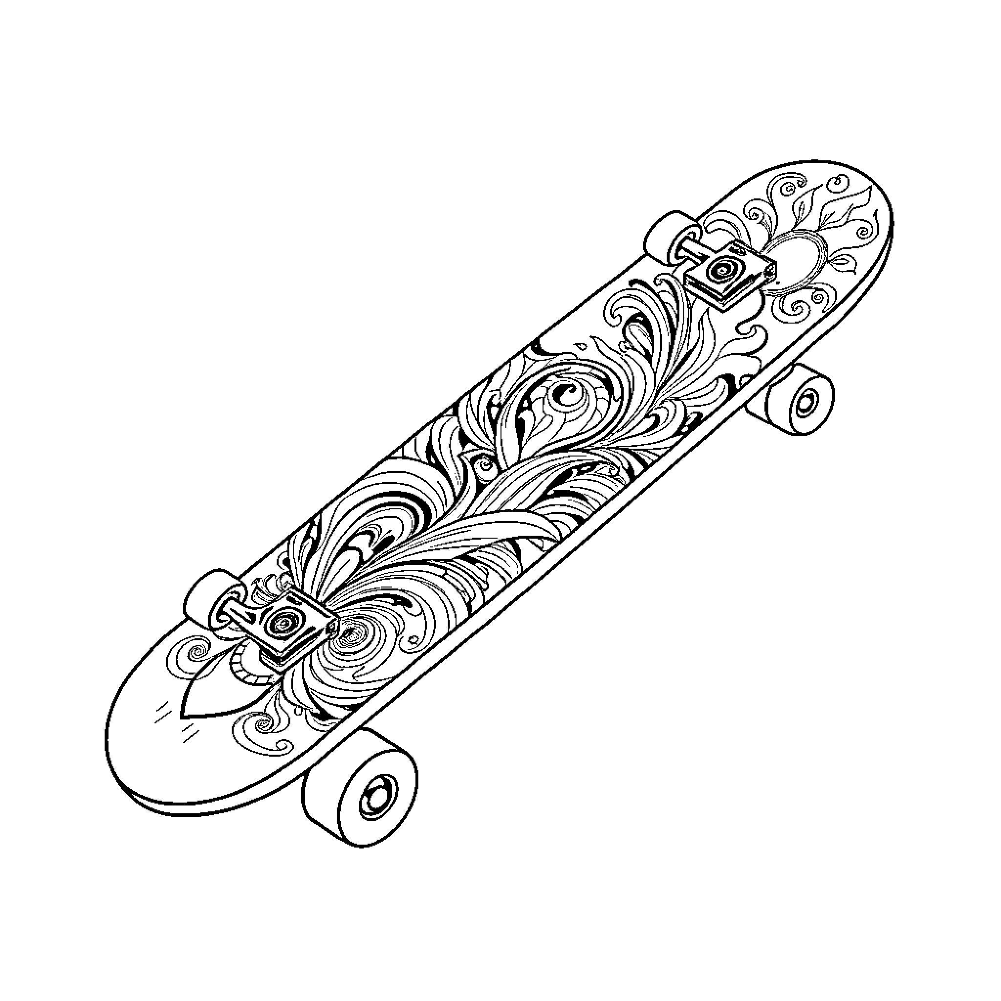 Cool Intricate Skateboard Design Coloring Page (free black-and-white line drawing printable PDF for all, from beginners to advanced learners, including children, teens, adults, and seniors)