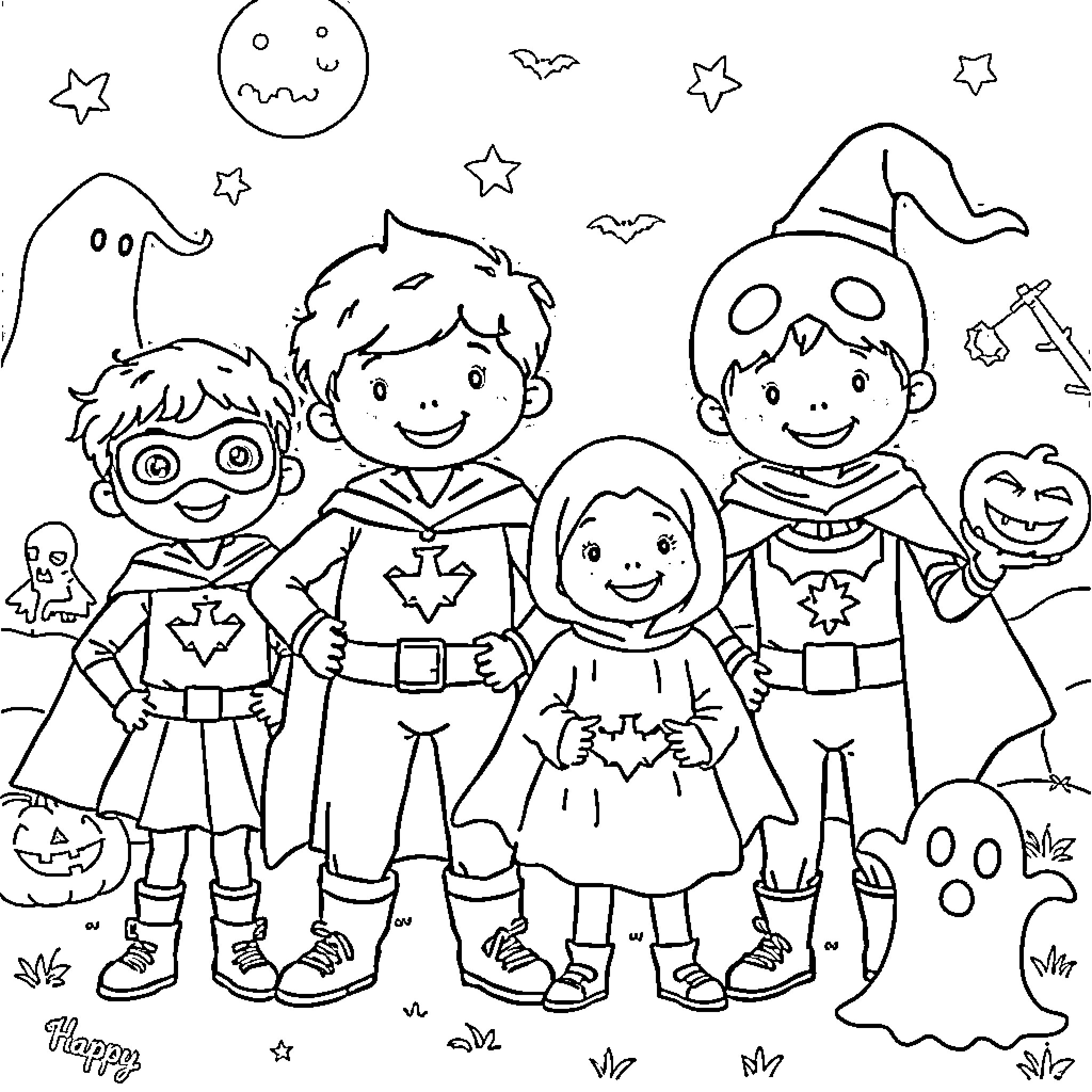 Child dressed in cute costumes for Halloween Coloring Page (free black-and-white line drawing printable PDF for all, from beginners to advanced learners, including children, teens, adults, and seniors)
