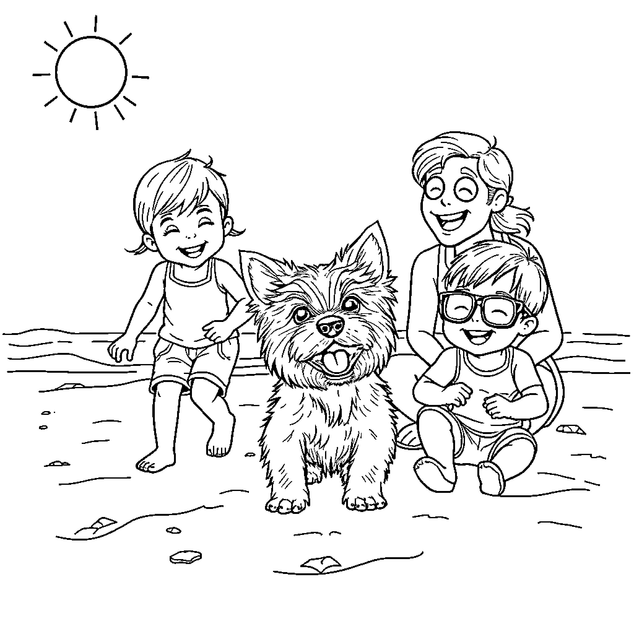 Yorkie playing joyfully with children on the beach Coloring Page (free black-and-white line drawing printable PDF for all, from beginners to advanced learners, including children, teens, adults, and seniors)