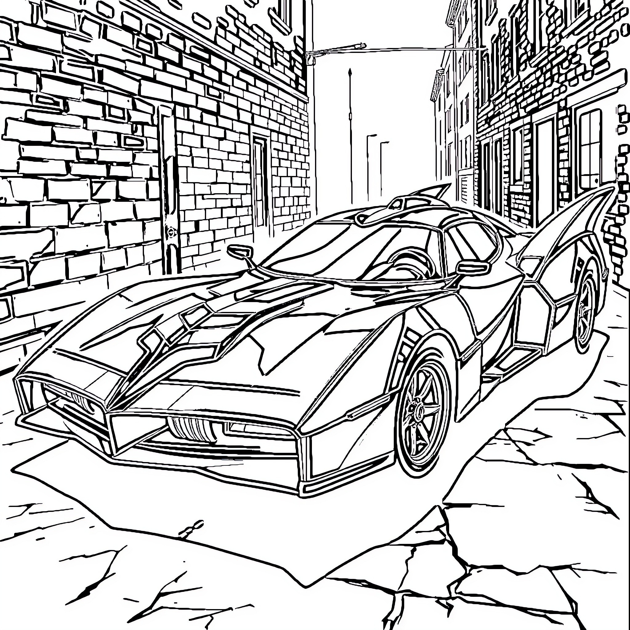 Batmobile in dark alley with brick wall Coloring Page (free black-and-white line drawing printable PDF for all, from beginners to advanced learners, including children, teens, adults, and seniors)