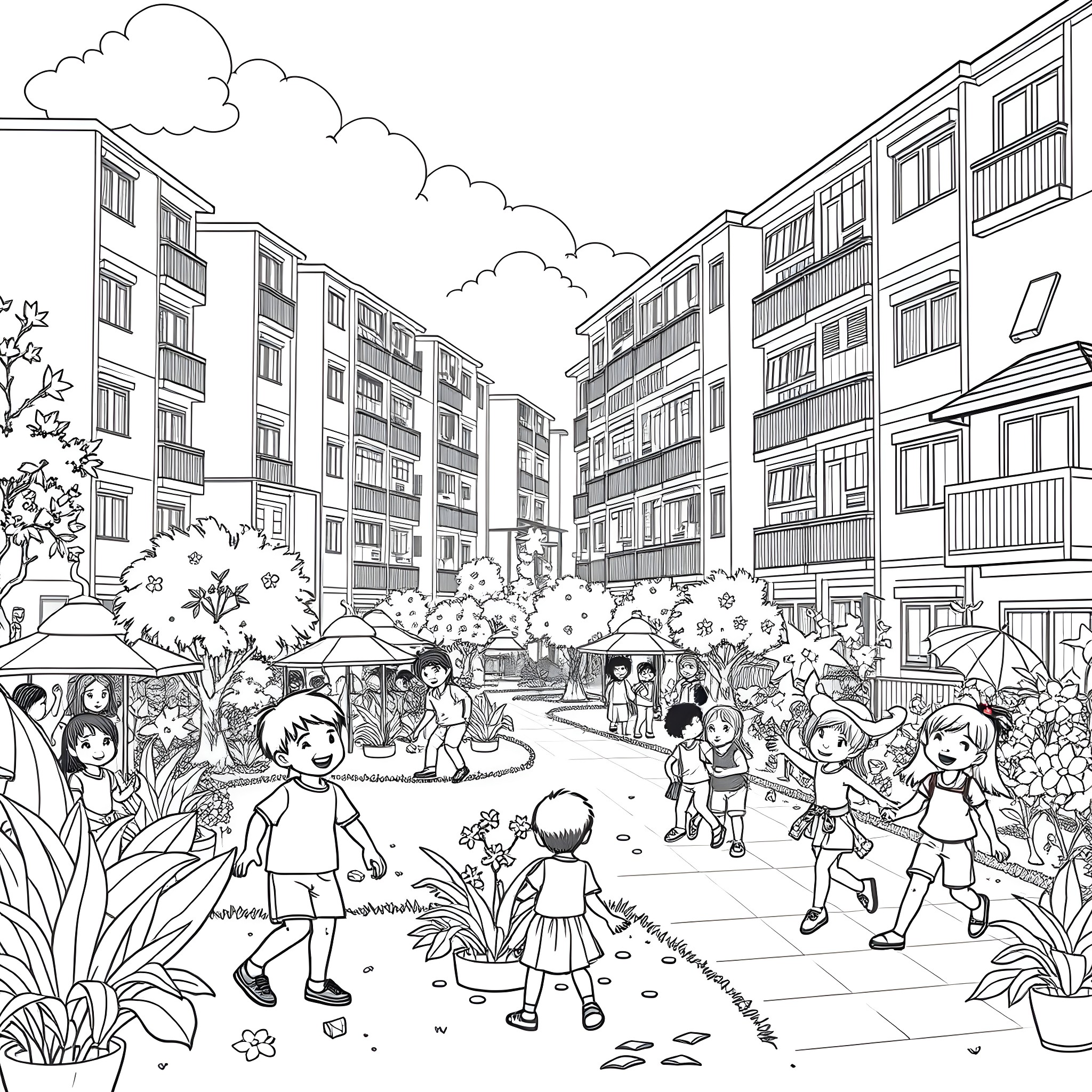 Kids playing and exploring in a lively neighborhood Coloring Page (free black-and-white line drawing printable PDF for all, from beginners to advanced learners, including children, teens, adults, and seniors)