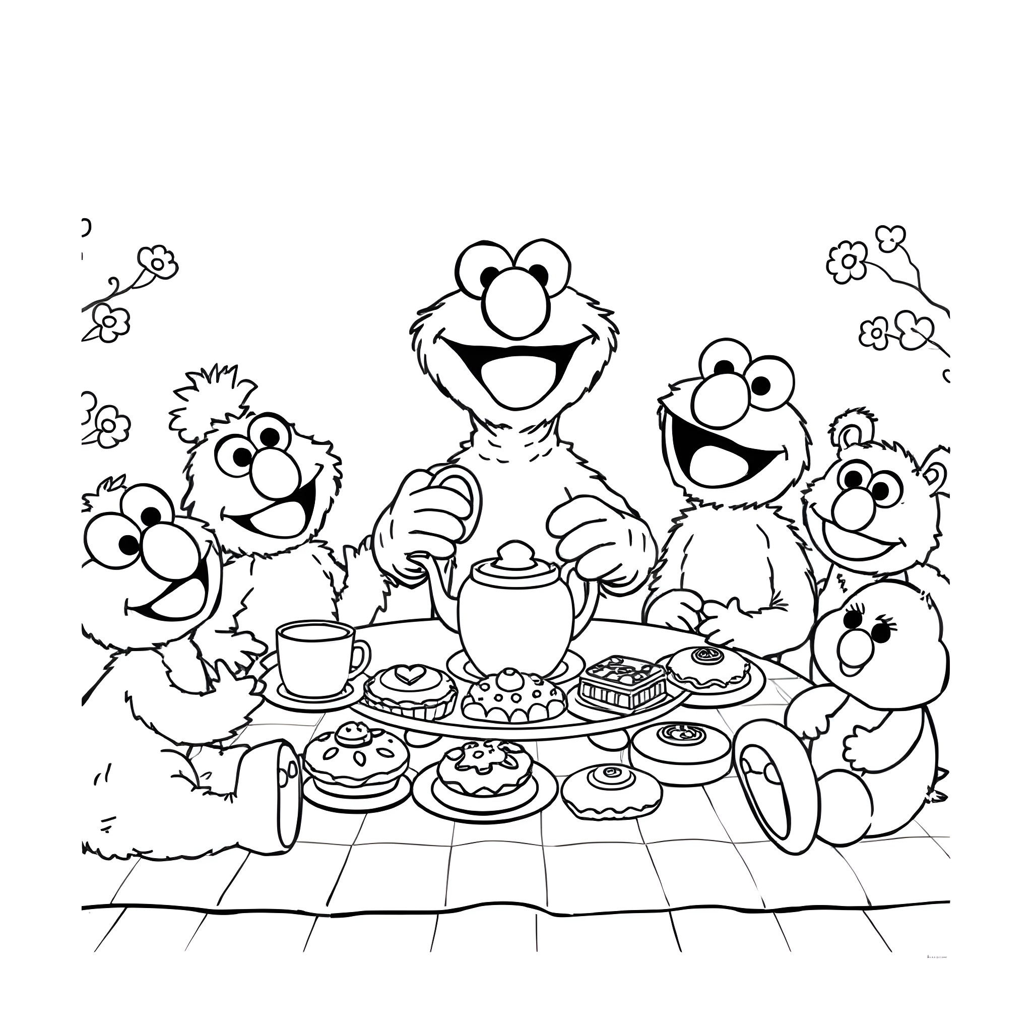 Elmo and friends enjoying a tea party Coloring Page (free black-and-white line drawing printable PDF for all, from beginners to advanced learners, including children, teens, adults, and seniors)
