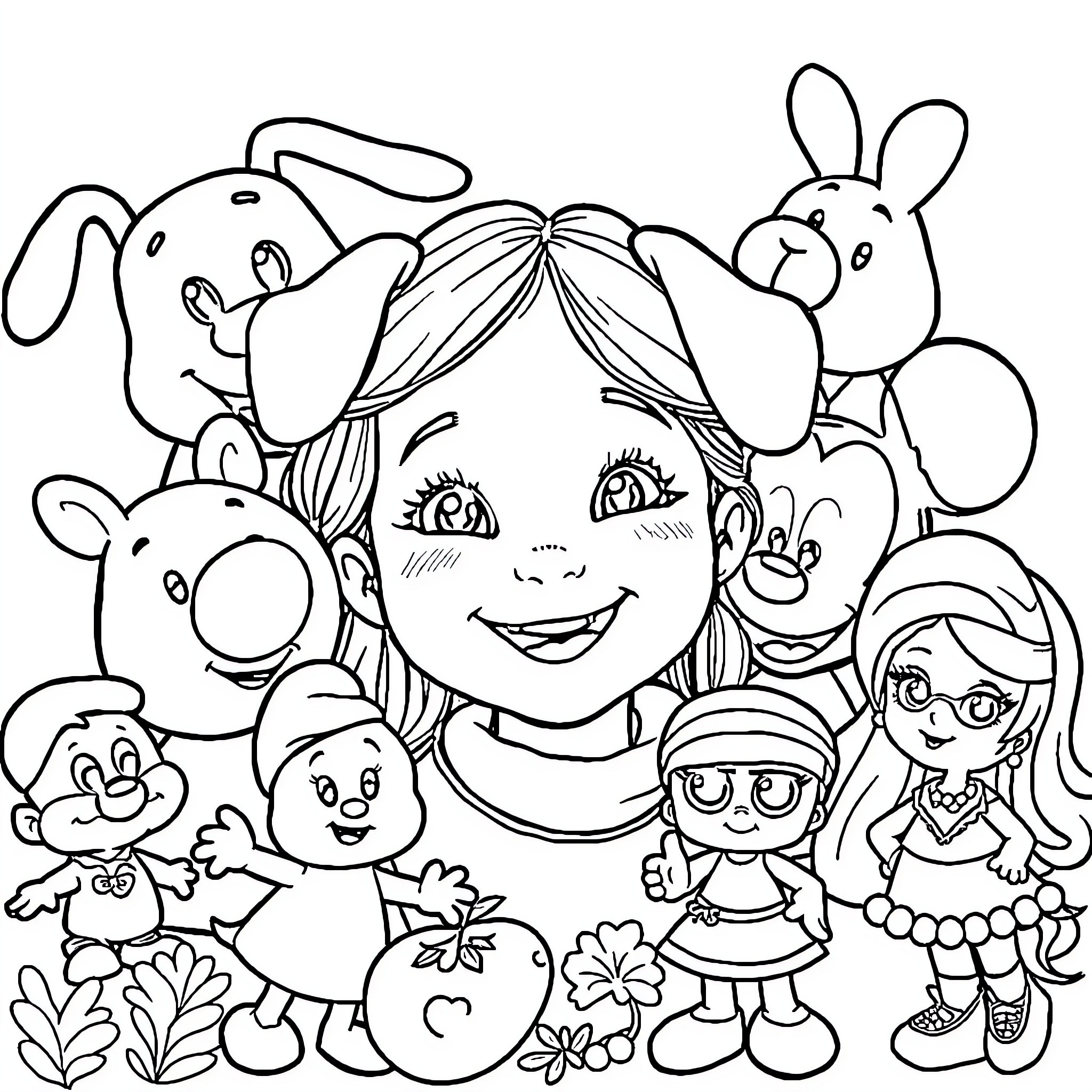 Cartoon Characters in a Joyful Scene Coloring Page (free black-and-white line drawing printable PDF for all, from beginners to advanced learners, including children, teens, adults, and seniors)