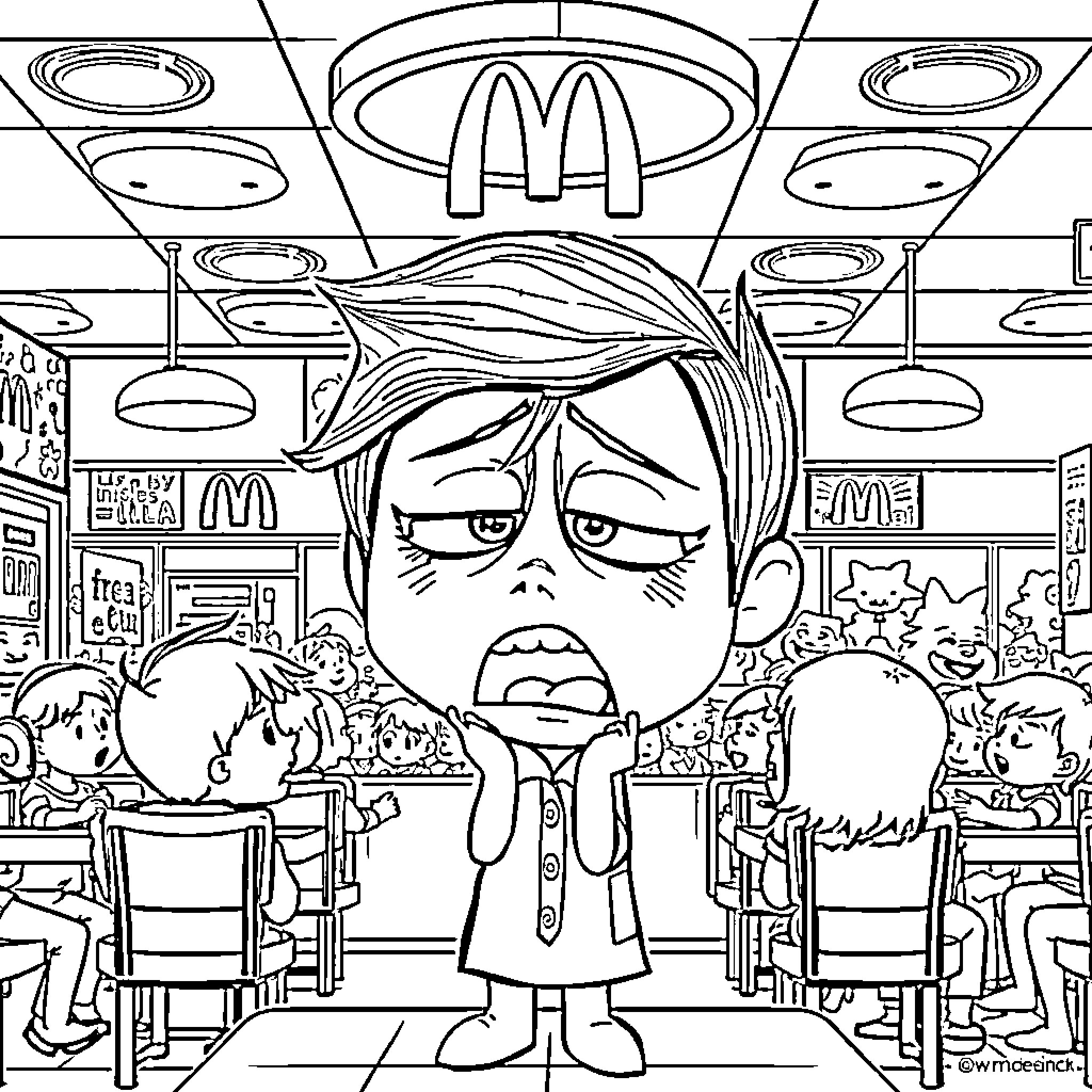 Sadness in a fast food restaurant Coloring Page (free black-and-white line drawing printable PDF for all, from beginners to advanced learners, including children, teens, adults, and seniors)