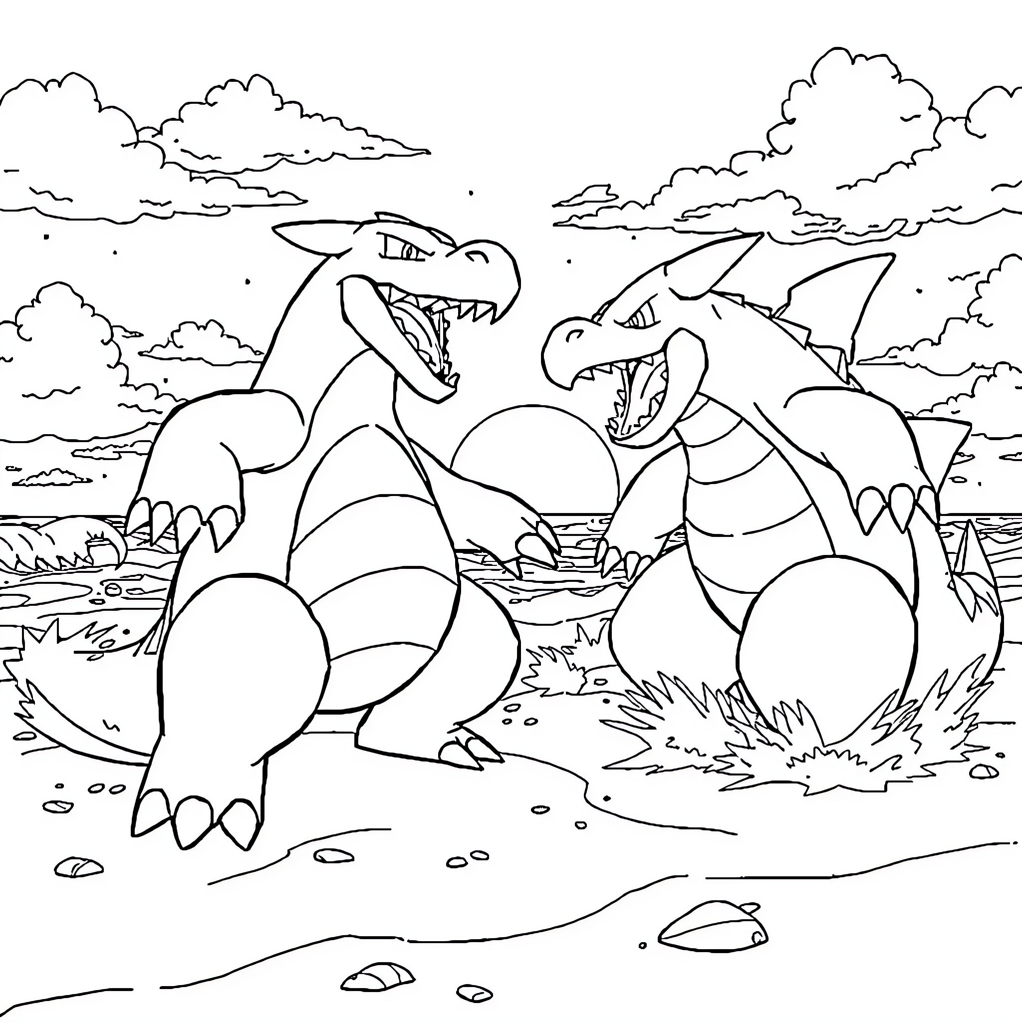 Groudon engaging in fierce battle with another Groudon Coloring Page (free black-and-white line drawing printable PDF for all, from beginners to advanced learners, including children, teens, adults, and seniors)