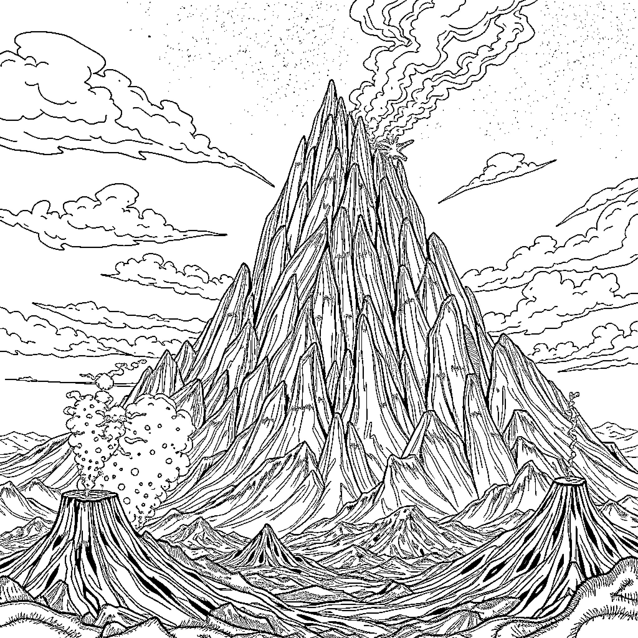 Monster volcano erupting in a stormy landscape Coloring Page (free black-and-white line drawing printable PDF for all, from beginners to advanced learners, including children, teens, adults, and seniors)