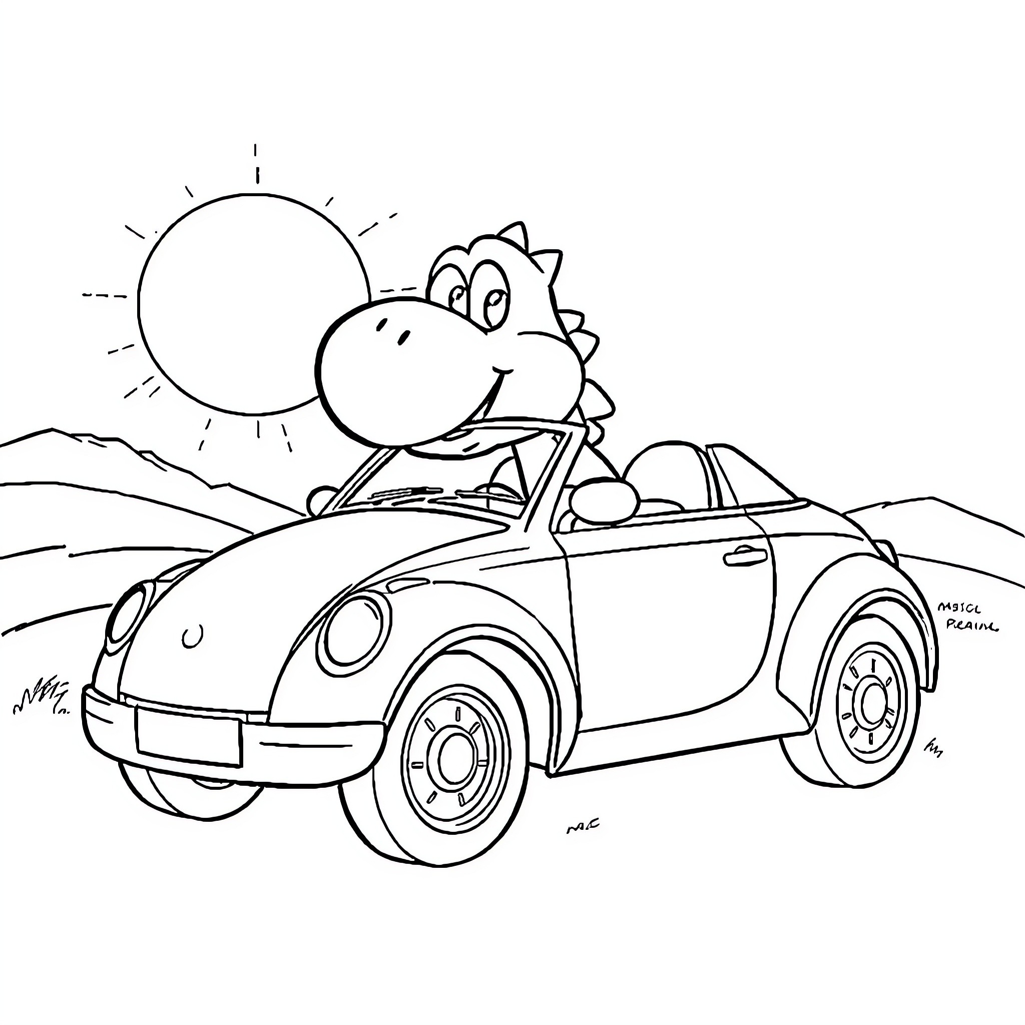 Yoshi driving a vintage car on a sunny day Coloring Page (free black-and-white line drawing printable PDF for all, from beginners to advanced learners, including children, teens, adults, and seniors)