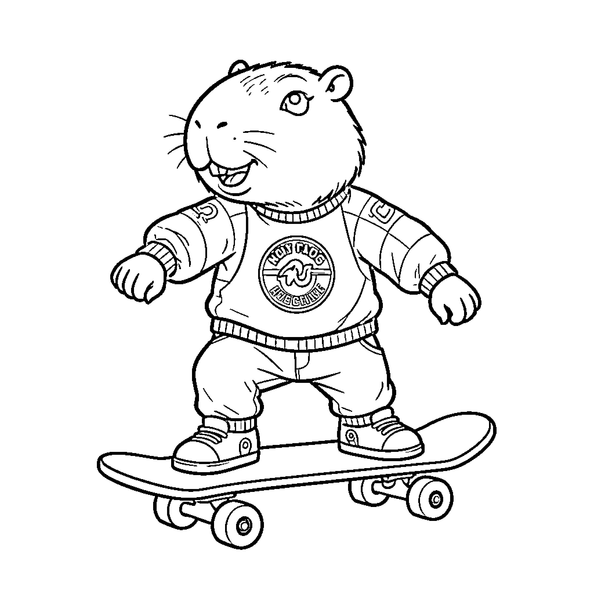 Capybara riding a skateboard Coloring Page (free black-and-white line drawing printable PDF for all, from beginners to advanced learners, including children, teens, adults, and seniors)
