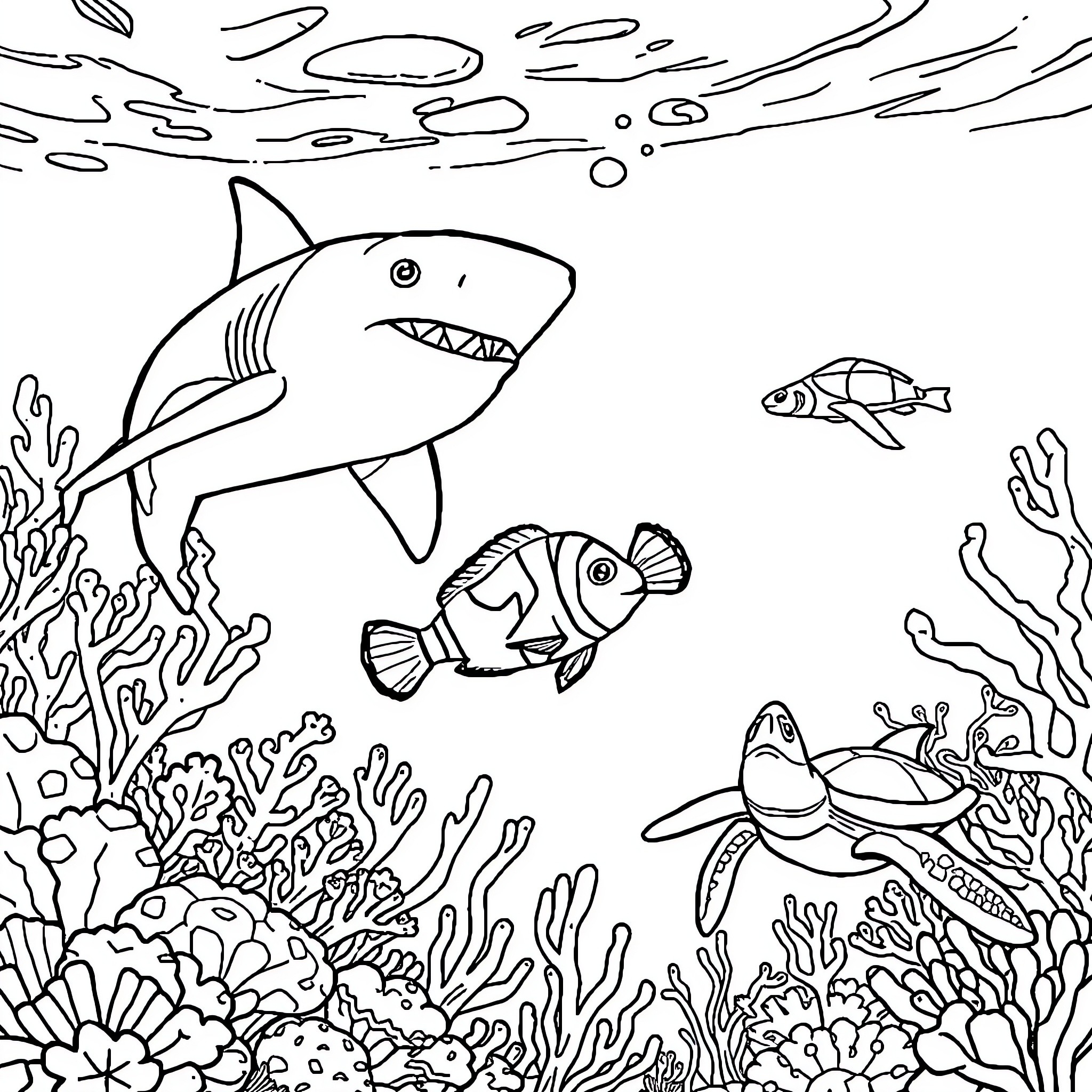 Shark exploring an underwater coral reef Coloring Page (free black-and-white line drawing printable PDF for all, from beginners to advanced learners, including children, teens, adults, and seniors)