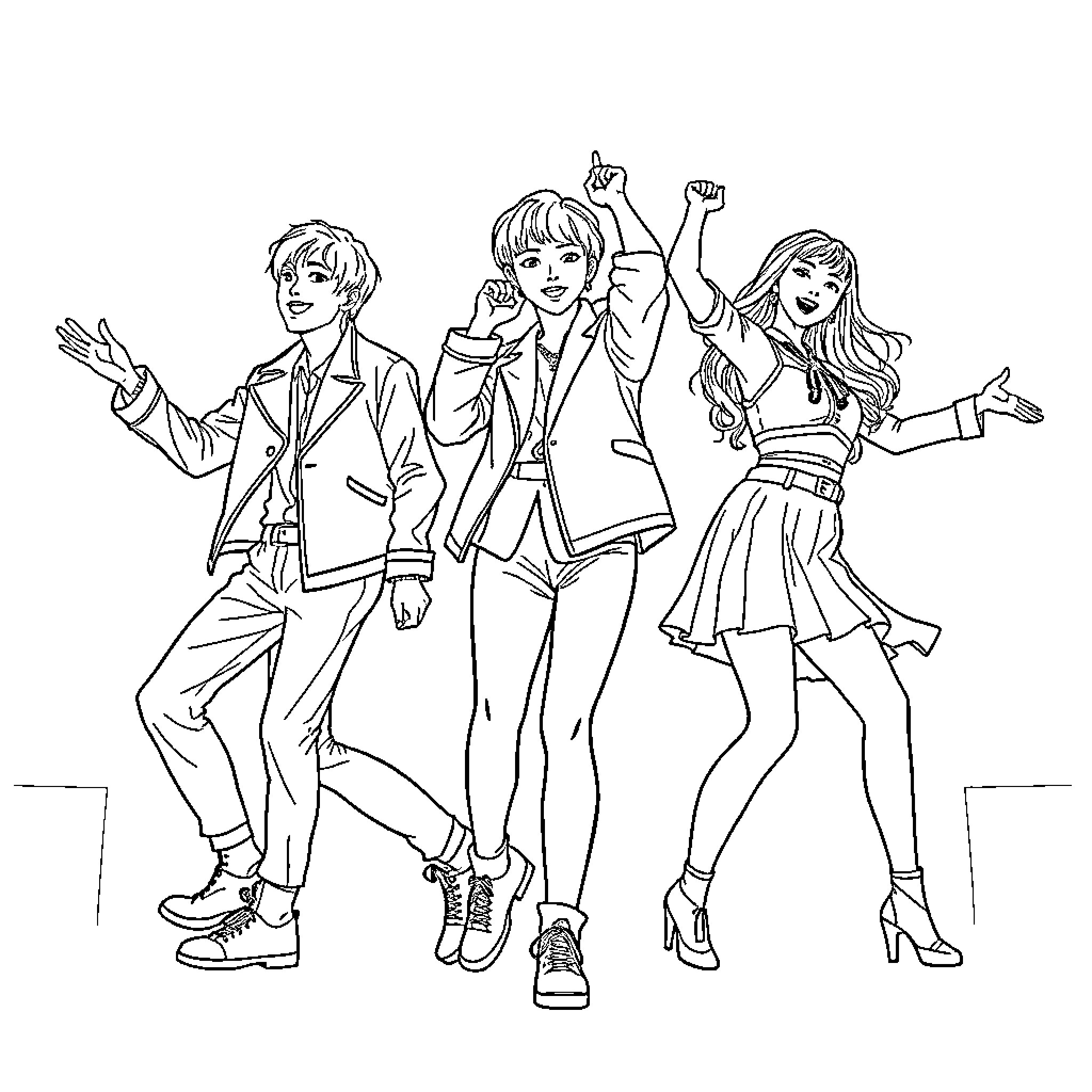 Kpop Performers Energetically Entertaining Audience Coloring Page (free black-and-white line drawing printable PDF for all, from beginners to advanced learners, including children, teens, adults, and seniors)