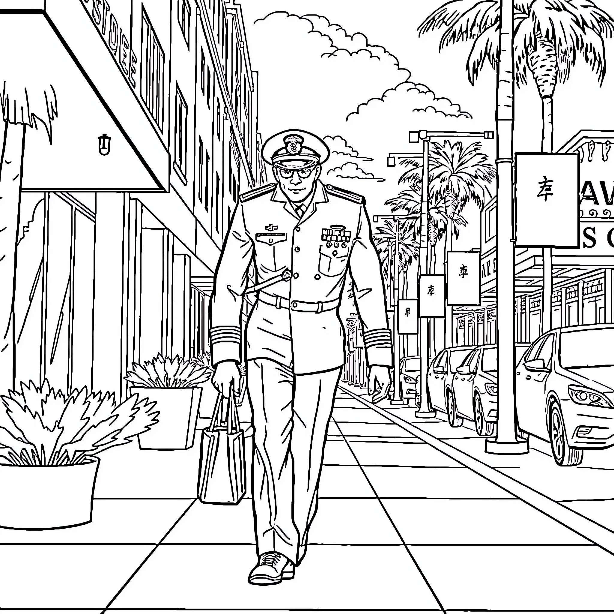 Chief Officer Patrolling the Street Coloring Page (free black-and-white line drawing printable PDF for all, from beginners to advanced learners, including children, teens, adults, and seniors)