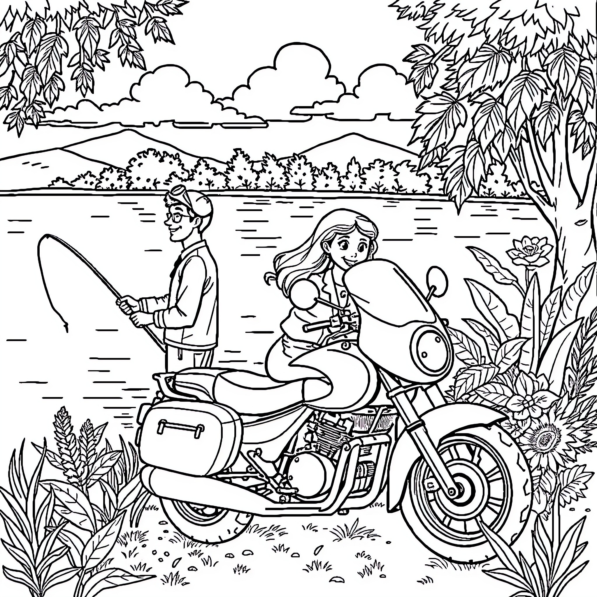 Family enjoying outdoor adventure with motorcycle Coloring Page (free black-and-white line drawing printable PDF for all, from beginners to advanced learners, including children, teens, adults, and seniors)