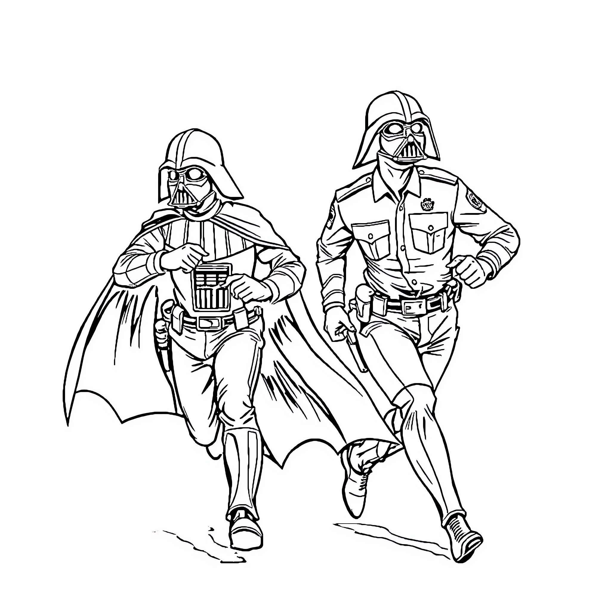 Police Officer Apprehending Suspect in Sci-Fi Gear Coloring Page (free black-and-white line drawing printable PDF for all, from beginners to advanced learners, including children, teens, adults, and seniors)