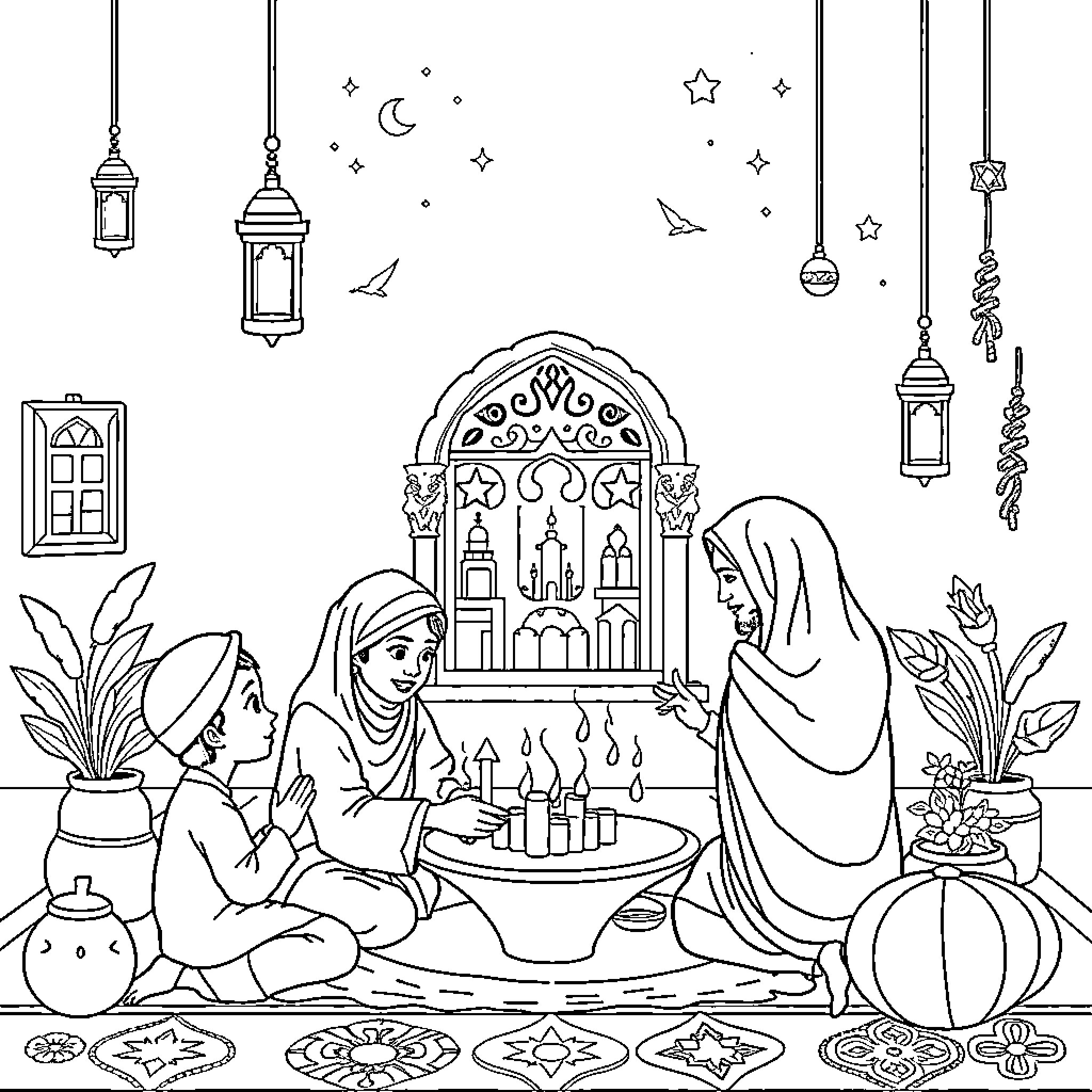 Ramadan celebration with family and tradition Coloring Page (free black-and-white line drawing printable PDF for all, from beginners to advanced learners, including children, teens, adults, and seniors)
