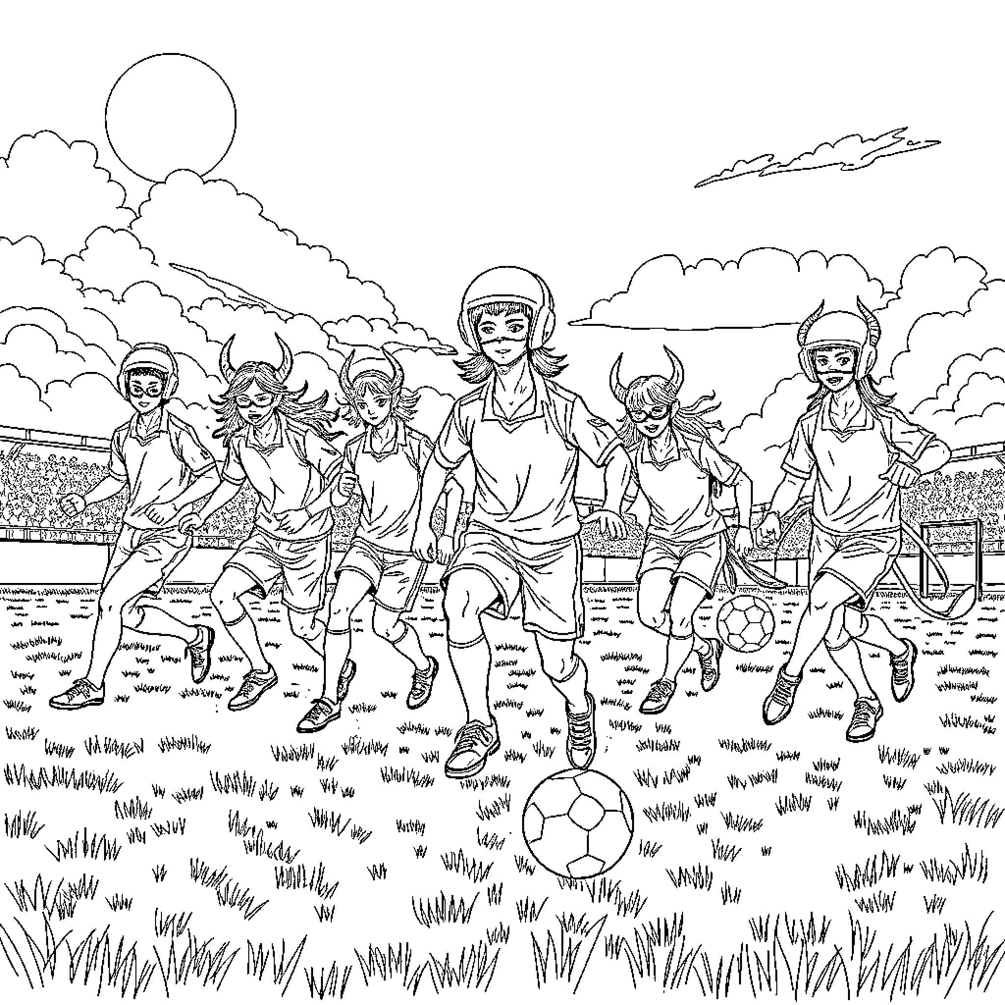 Demon Hunter Team Playing Soccer on the Field Coloring Page (free black-and-white line drawing printable PDF for all, from beginners to advanced learners, including children, teens, adults, and seniors)