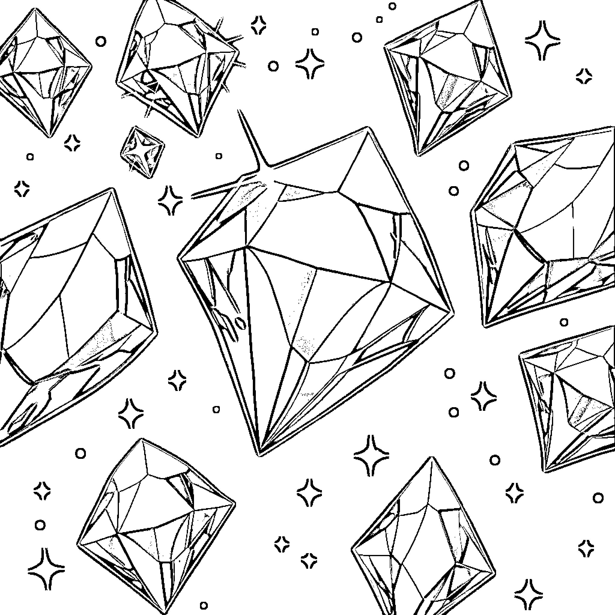 Diamond Crystals and Sparkles in Monochrome Coloring Page (free black-and-white line drawing printable PDF for all, from beginners to advanced learners, including children, teens, adults, and seniors)