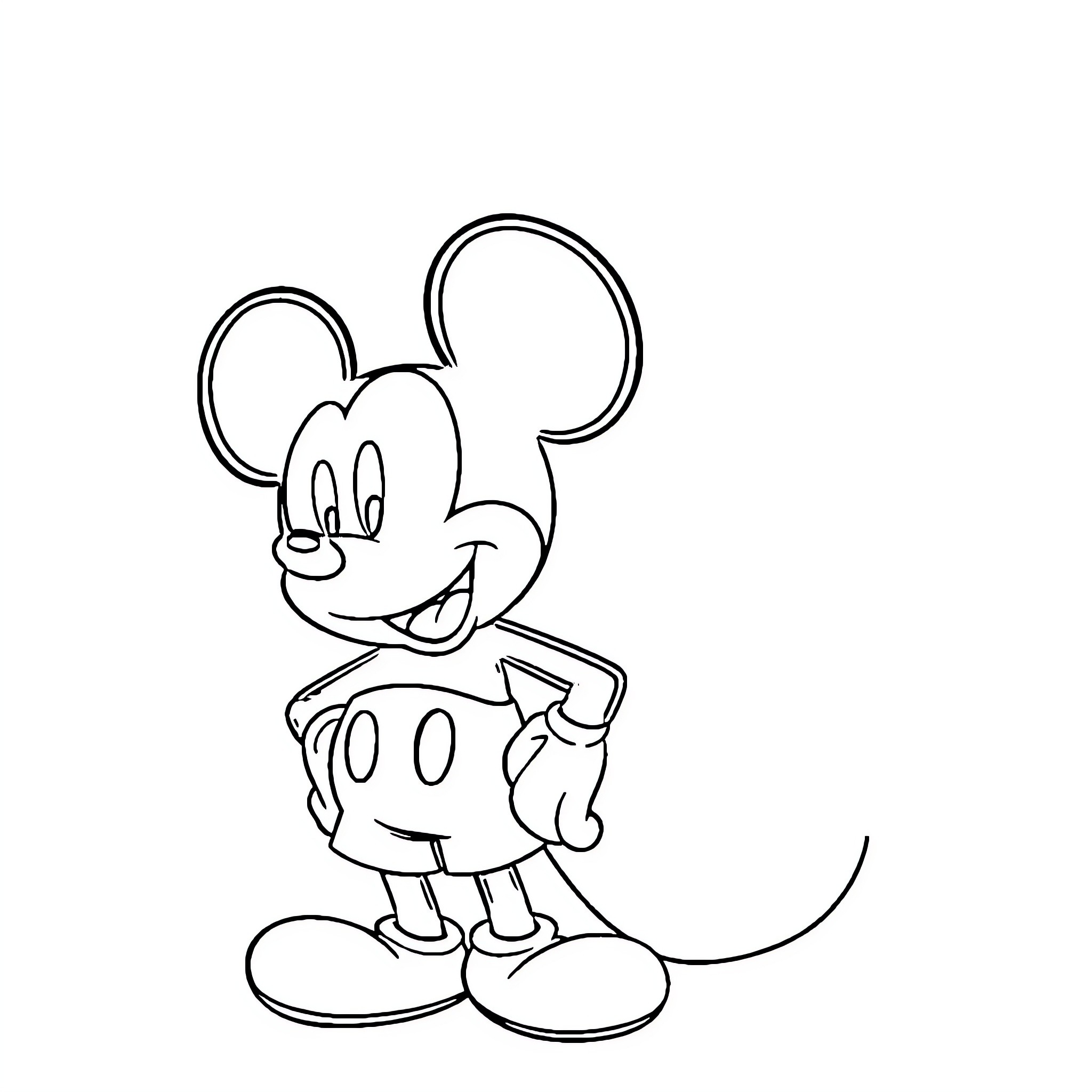 Mickey Mouse posing happily in his iconic outfit Coloring Page (free black-and-white line drawing printable PDF for all, from beginners to advanced learners, including children, teens, adults, and seniors)