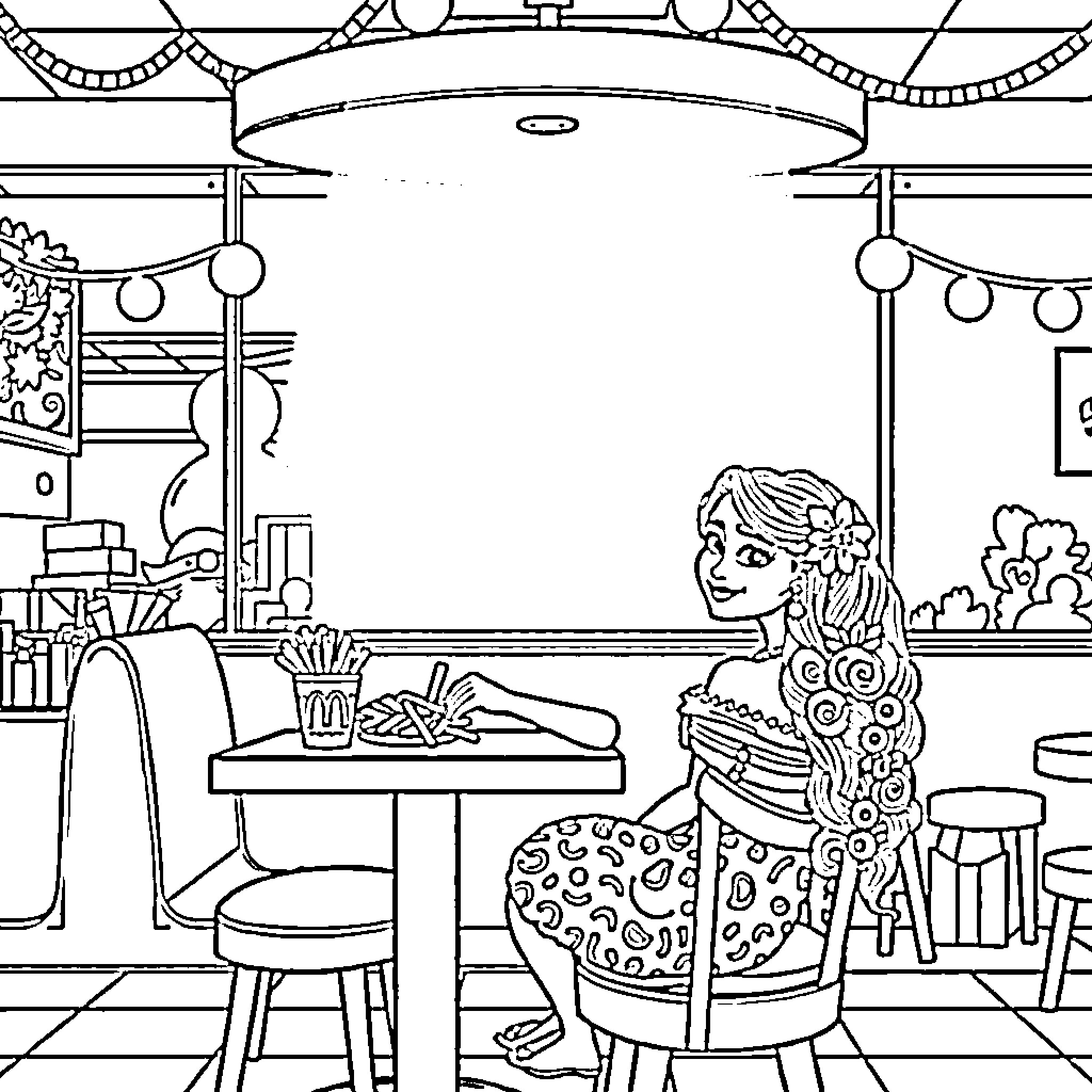 Moanna enjoying a cozy meal in a cafe Coloring Page (free black-and-white line drawing printable PDF for all, from beginners to advanced learners, including children, teens, adults, and seniors)