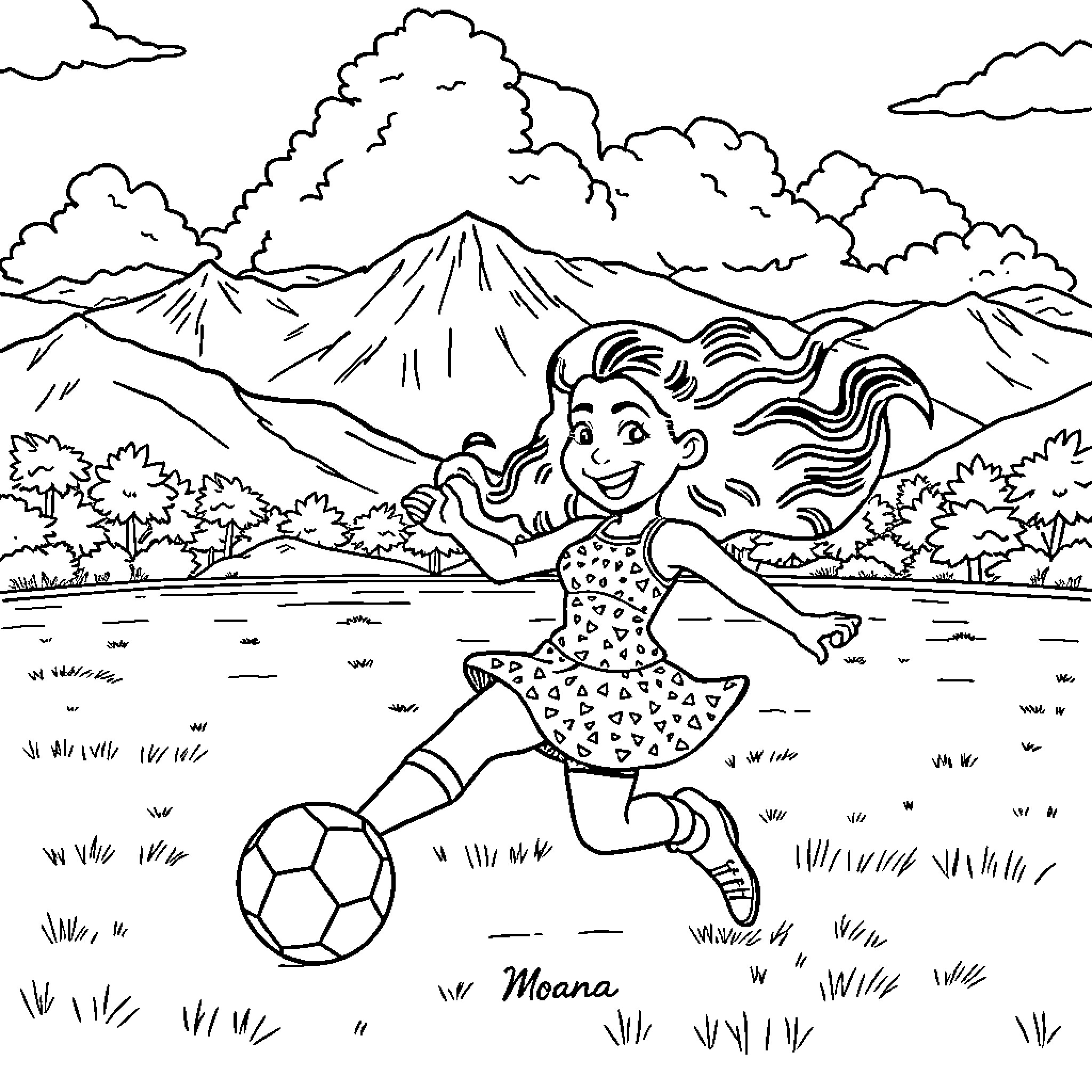 Moana Playing Soccer in the Mountains Coloring Page (free black-and-white line drawing printable PDF for all, from beginners to advanced learners, including children, teens, adults, and seniors)