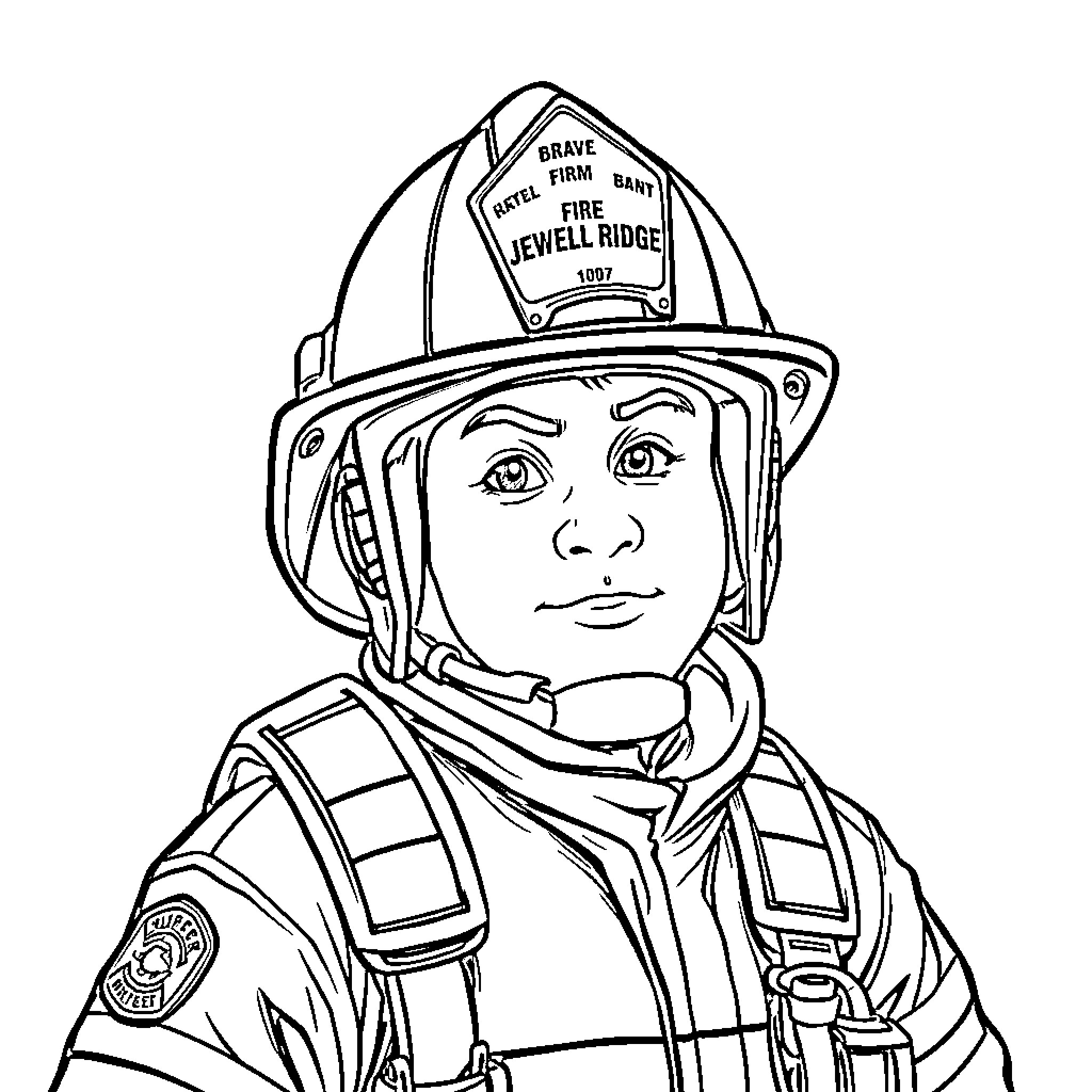 Firefighter in protective gear and helmet Coloring Page (free black-and-white line drawing printable PDF for all, from beginners to advanced learners, including children, teens, adults, and seniors)