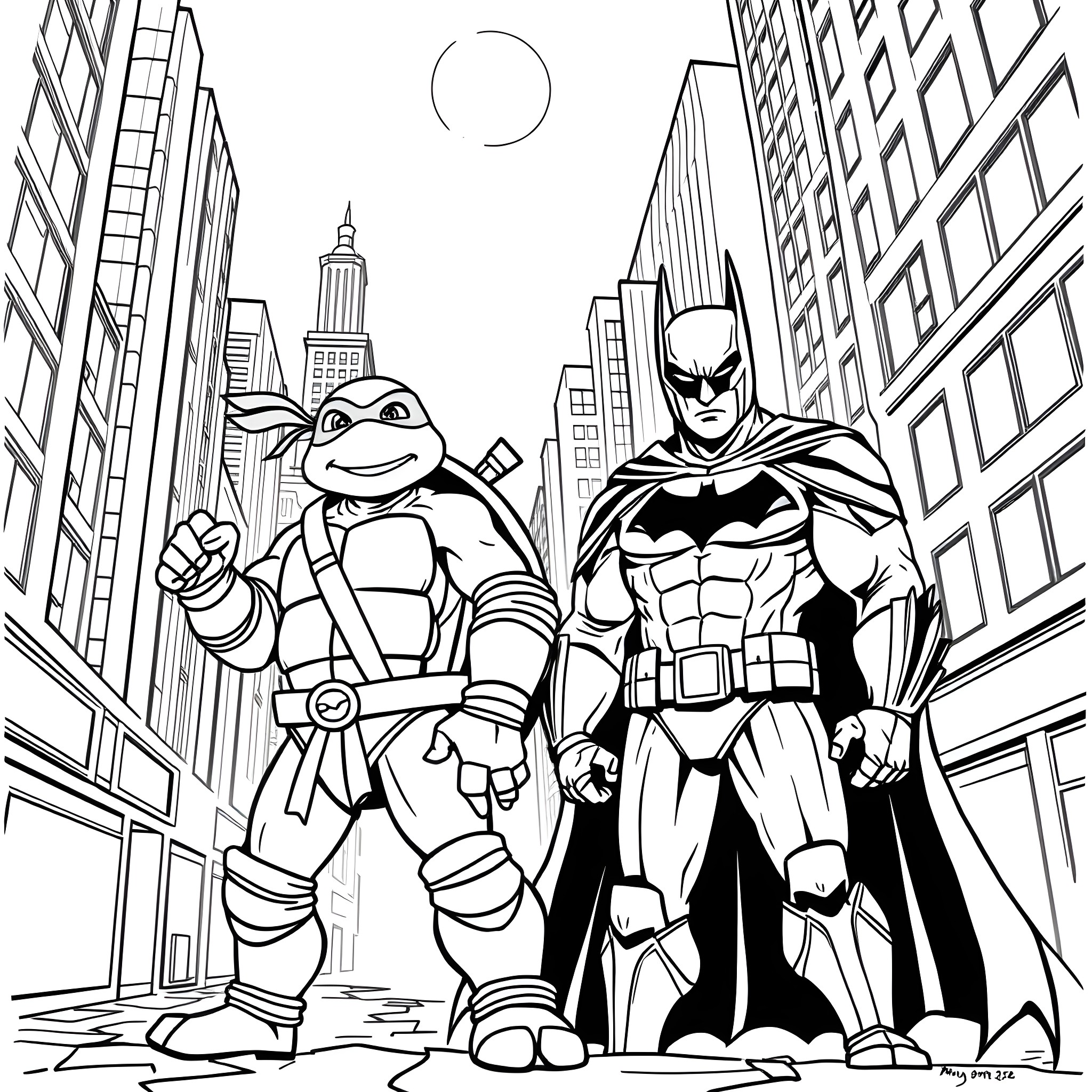 Ninja Turtle and Batman fight crime in the city Coloring Page (free black-and-white line drawing printable PDF for all, from beginners to advanced learners, including children, teens, adults, and seniors)