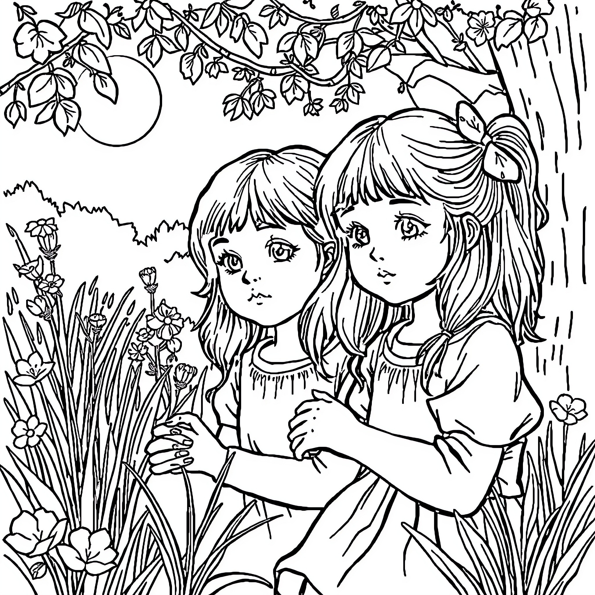 Young Girls Exploring Enchanted Garden Coloring Page (free black-and-white line drawing printable PDF for all, from beginners to advanced learners, including children, teens, adults, and seniors)