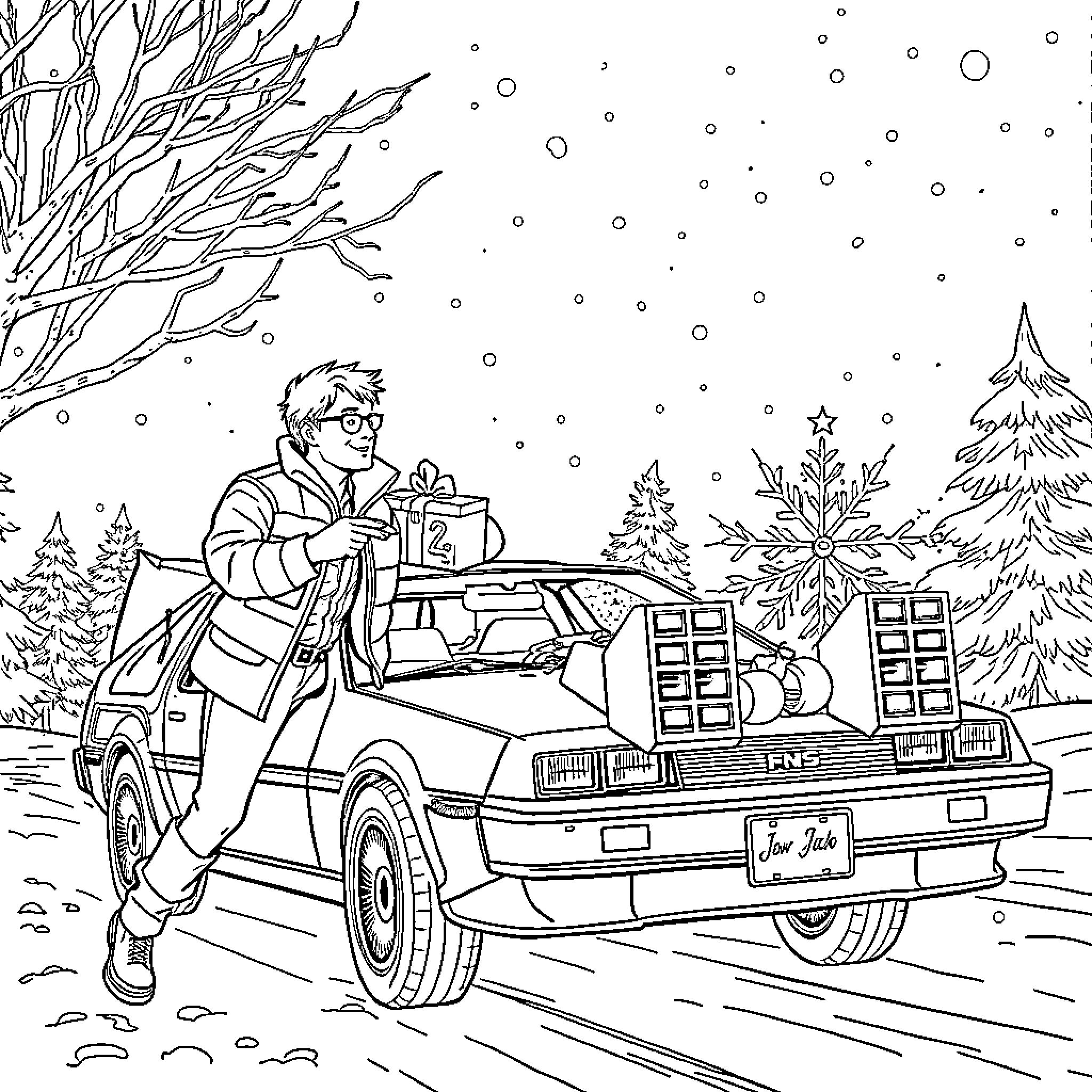 McFly's Winter Wonderland Adventure Coloring Page (free black-and-white line drawing printable PDF for all, from beginners to advanced learners, including children, teens, adults, and seniors)