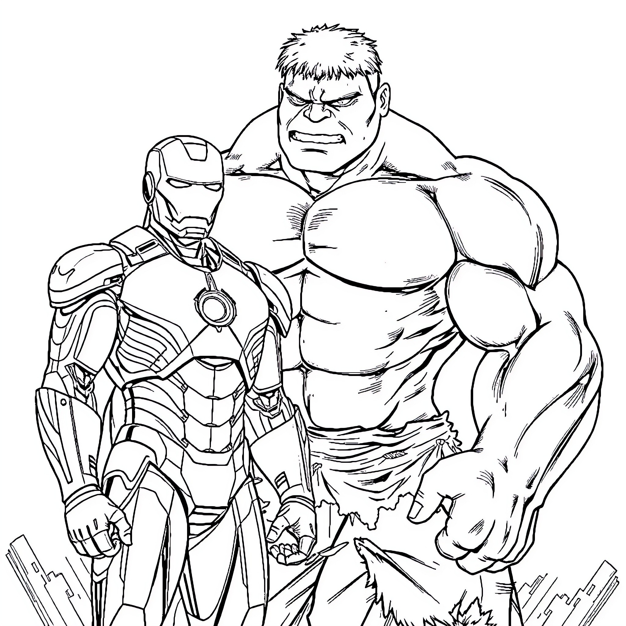 Ironman and muscular hero in action-packed scene Coloring Page (free black-and-white line drawing printable PDF for all, from beginners to advanced learners, including children, teens, adults, and seniors)