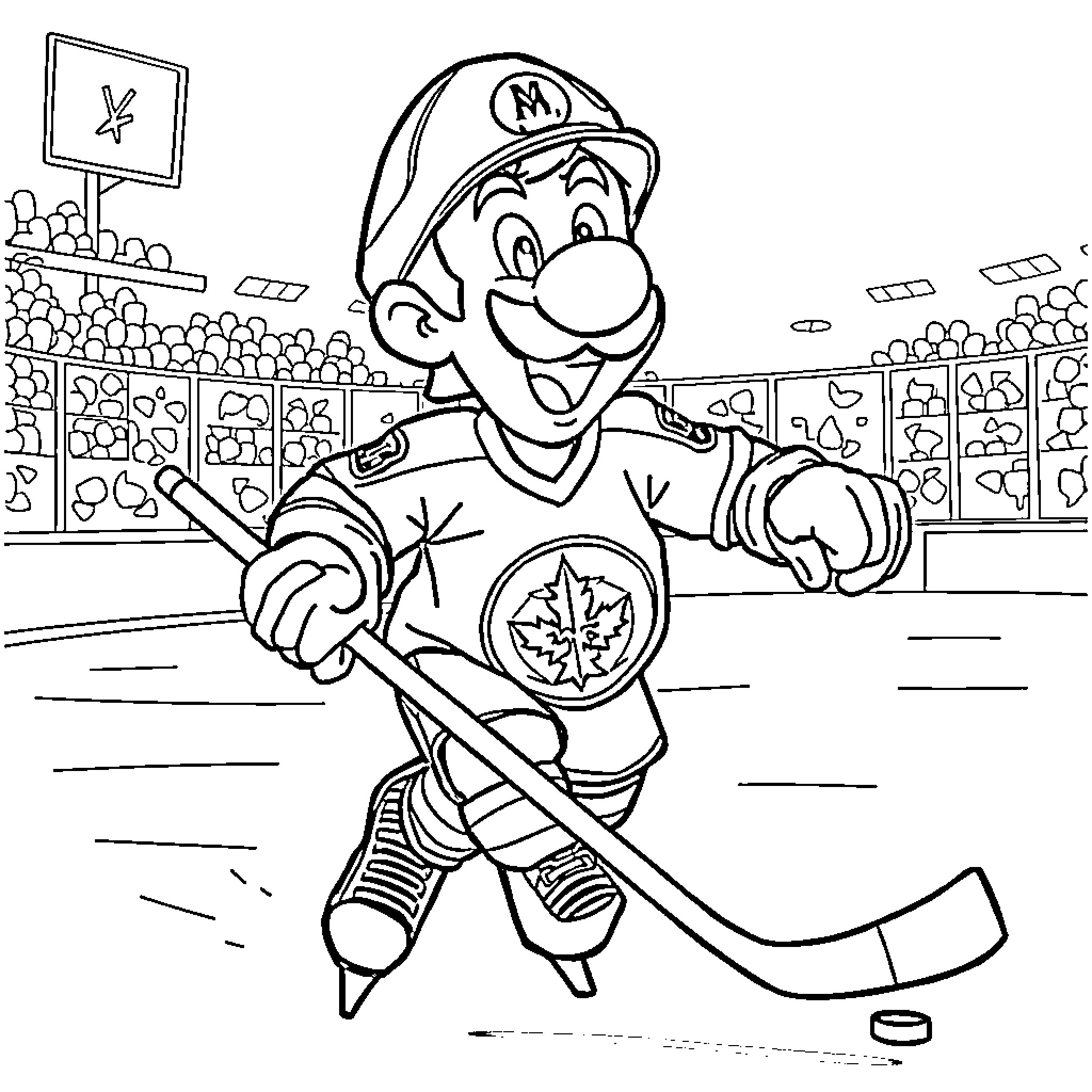 Luigi playing hockey with enthusiasm Coloring Page (free black-and-white line drawing printable PDF for all, from beginners to advanced learners, including children, teens, adults, and seniors)