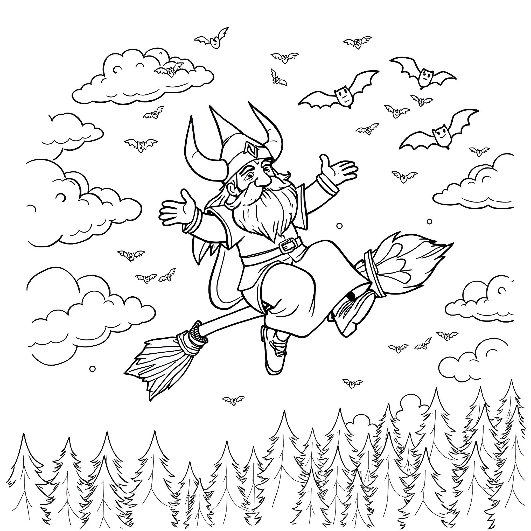 Viking Warrior Soaring Through the Clouds Coloring Page (free black-and-white line drawing printable PDF for all, from beginners to advanced learners, including children, teens, adults, and seniors)