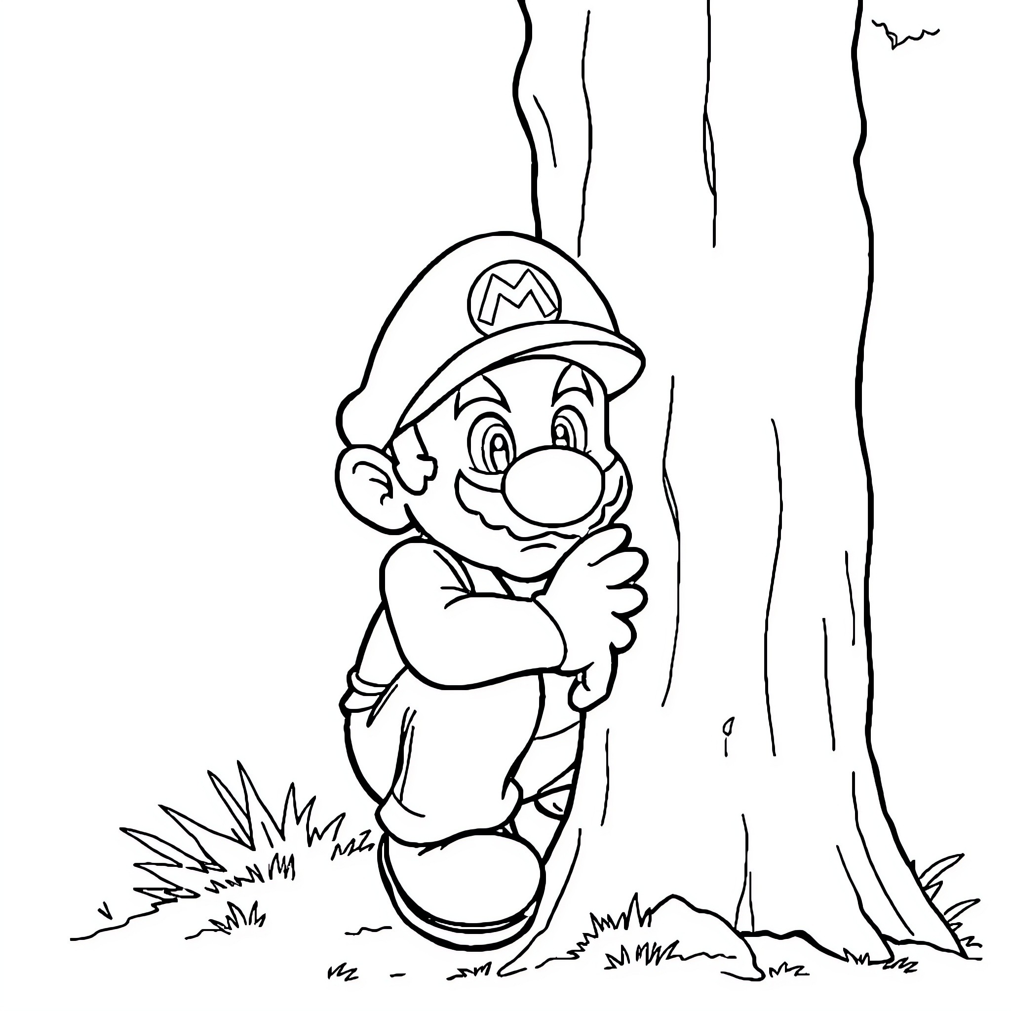 Mario exploring the outdoors in his iconic outfit Coloring Page (free black-and-white line drawing printable PDF for all, from beginners to advanced learners, including children, teens, adults, and seniors)