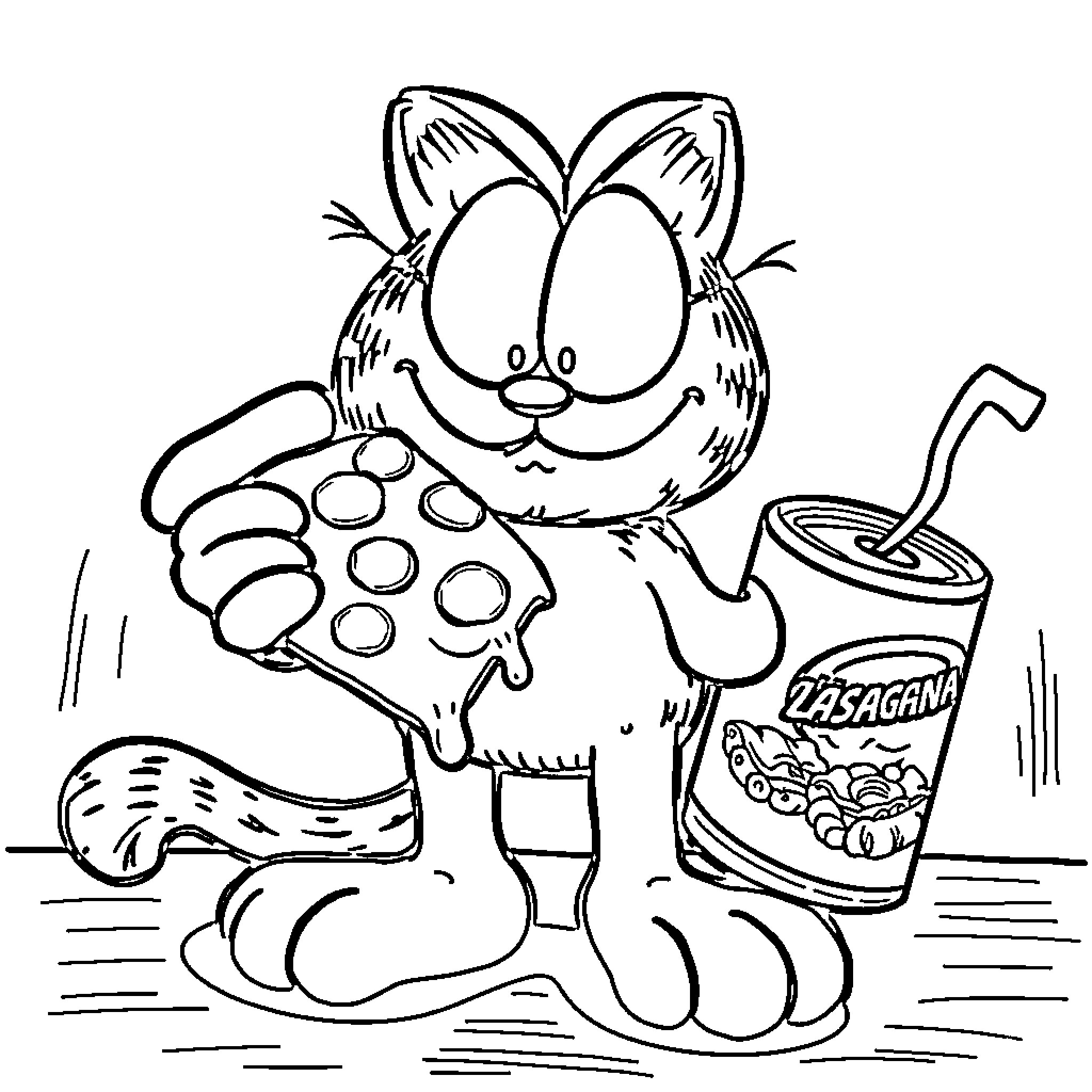 Garfield enjoying pizza and soda Coloring Page (free black-and-white line drawing printable PDF for all, from beginners to advanced learners, including children, teens, adults, and seniors)