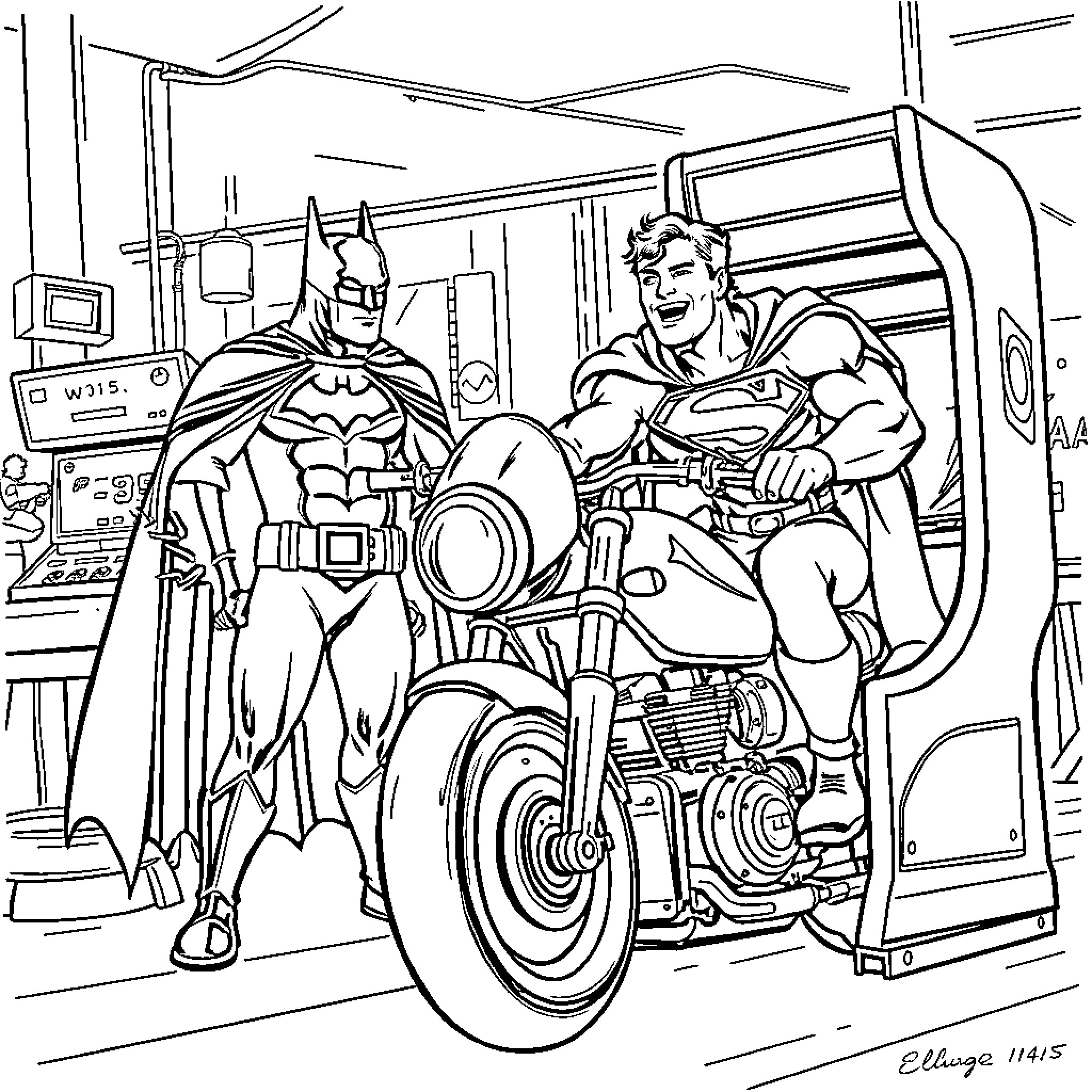 Batman and Superman's Heroic Encounter in the Batcave Coloring Page (free black-and-white line drawing printable PDF for all, from beginners to advanced learners, including children, teens, adults, and seniors)