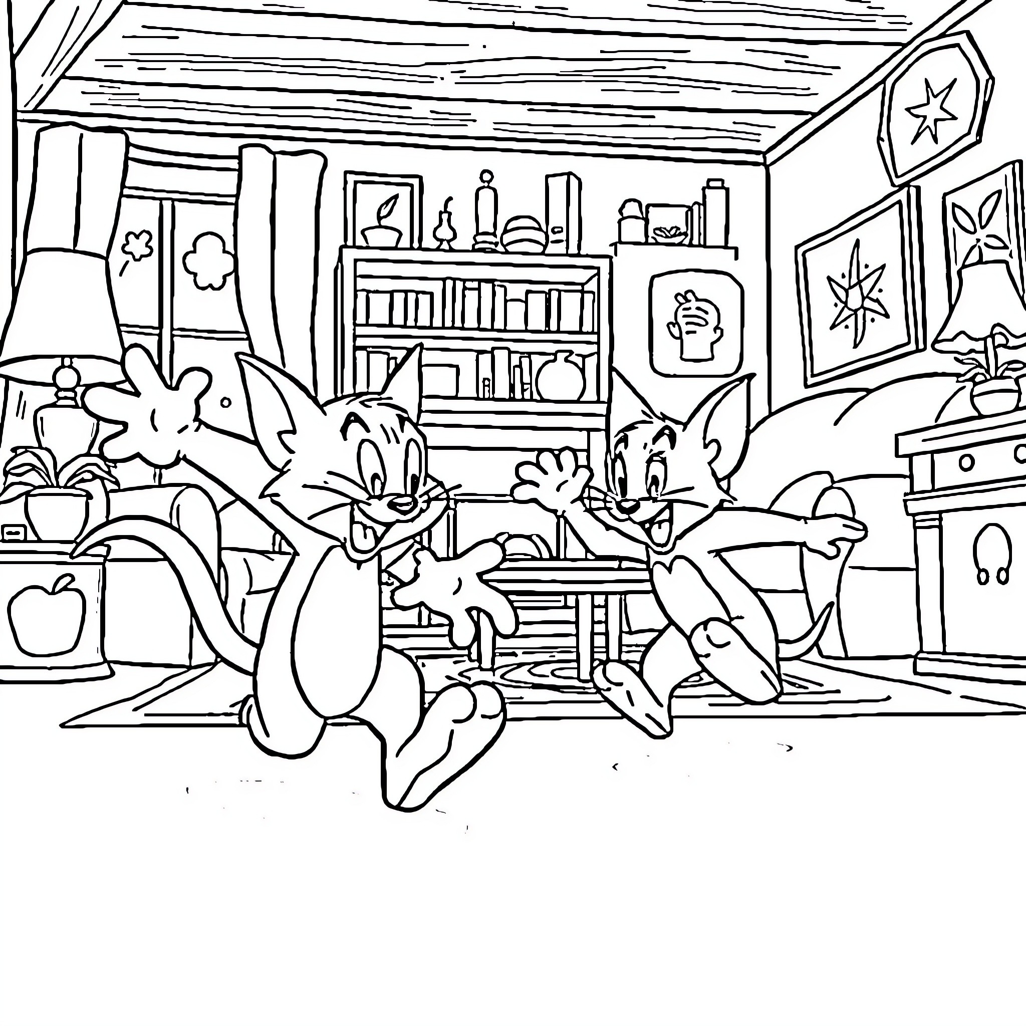 Tom and Jerry's Chaotic Antics in a Cozy Hideout Coloring Page (free black-and-white line drawing printable PDF for all, from beginners to advanced learners, including children, teens, adults, and seniors)