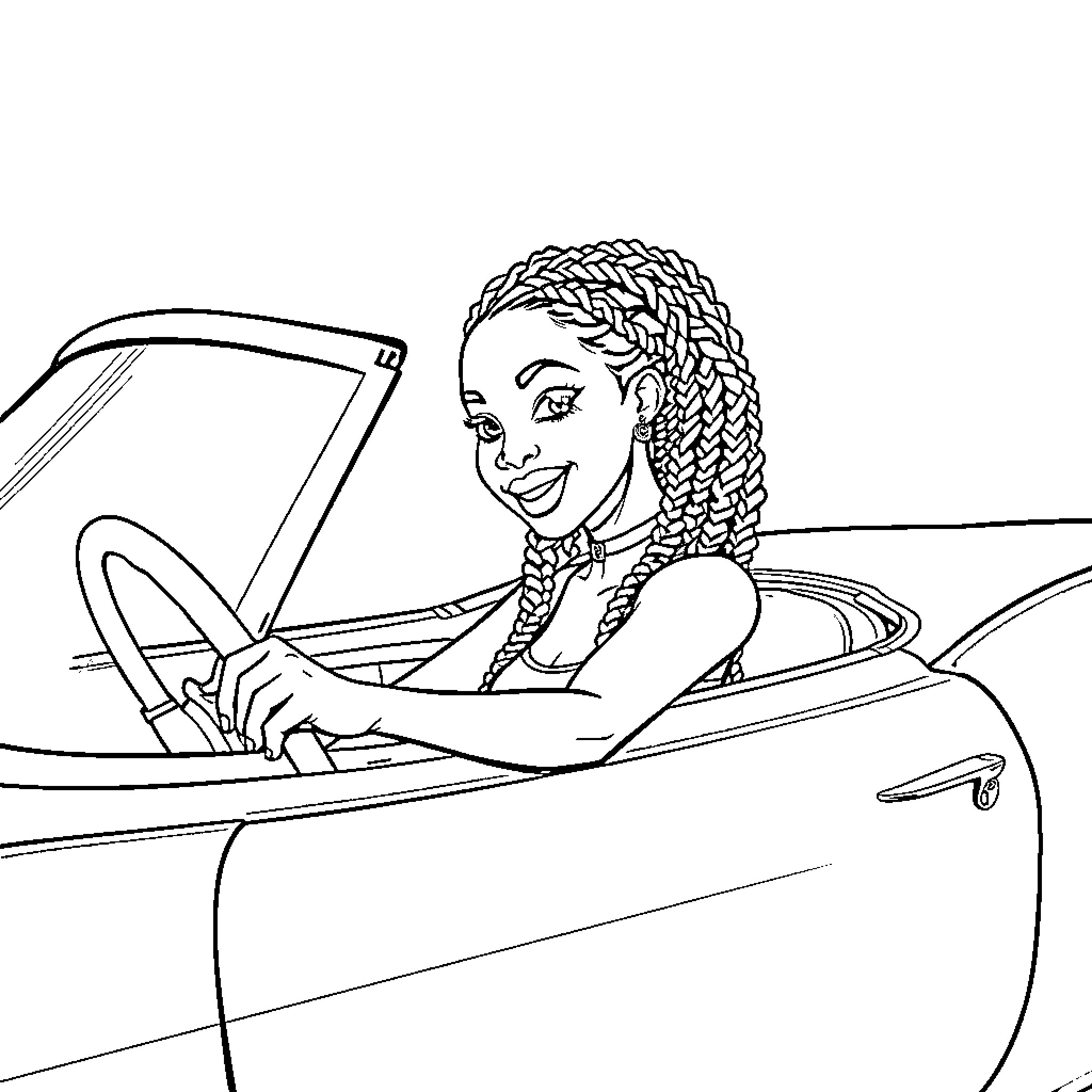 Girl driving convertible car with braided hairstyle Coloring Page (free black-and-white line drawing printable PDF for all, from beginners to advanced learners, including children, teens, adults, and seniors)