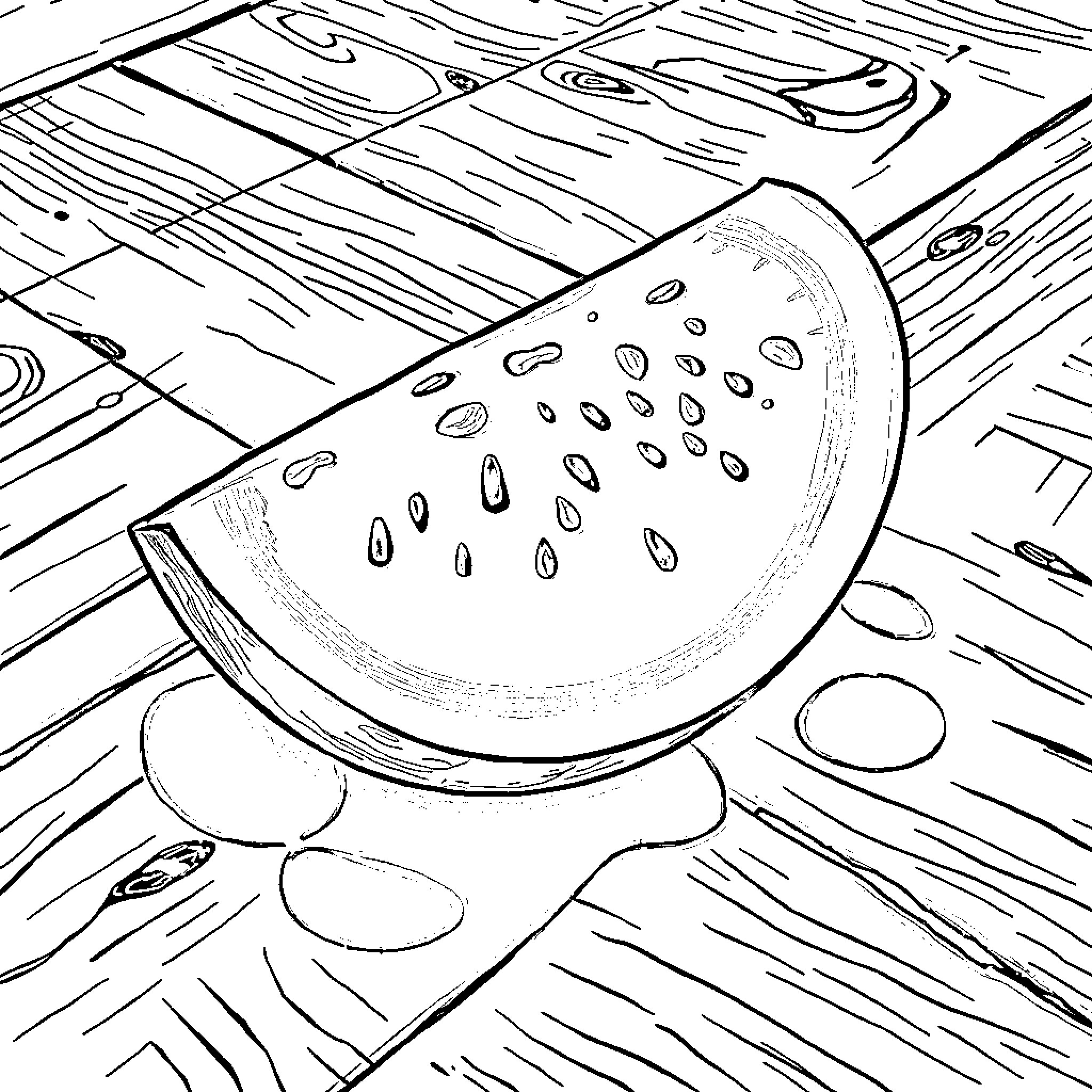 Watermelon slices on wooden table Coloring Page (free black-and-white line drawing printable PDF for all, from beginners to advanced learners, including children, teens, adults, and seniors)