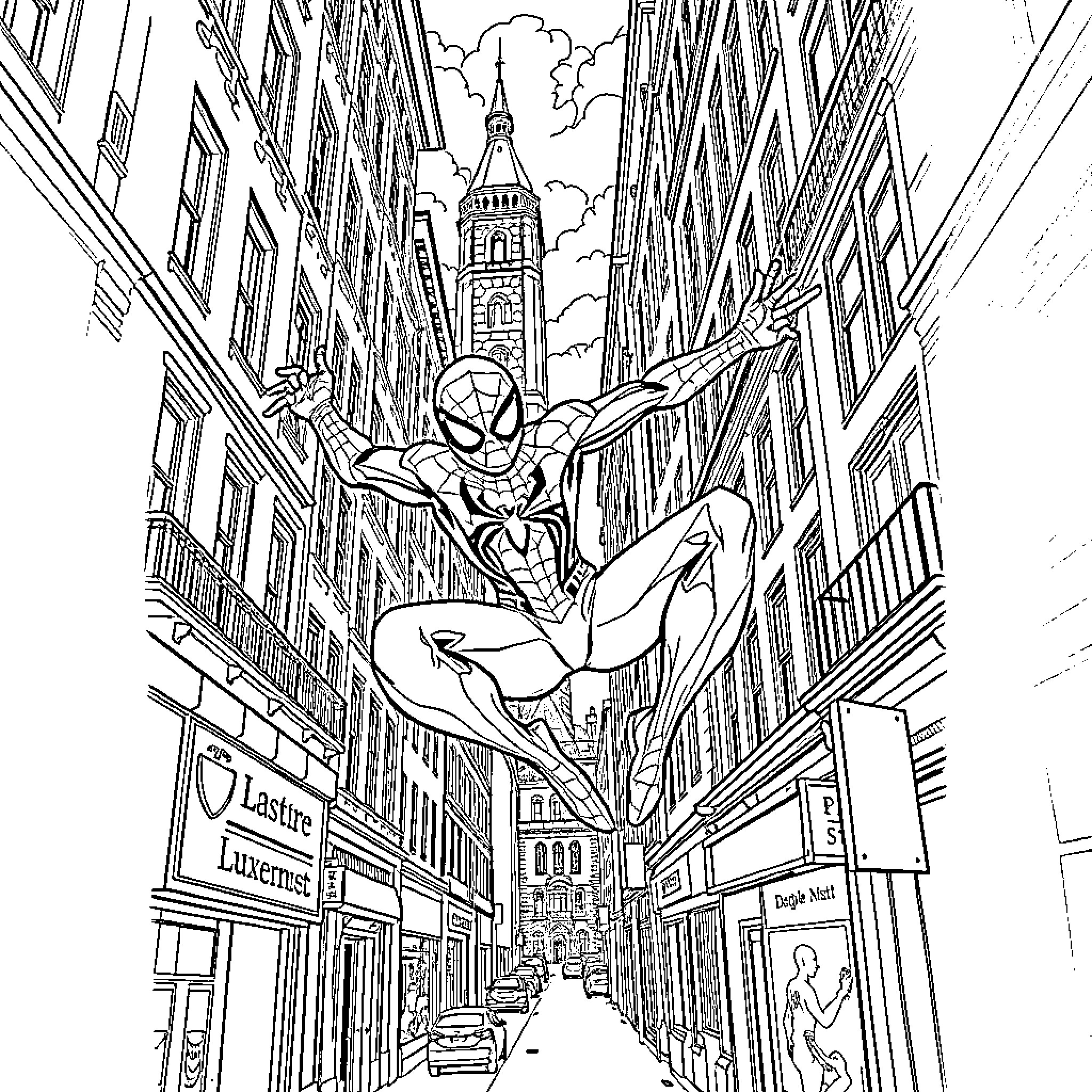 Spidey swinging through the city streets Coloring Page (free black-and-white line drawing printable PDF for all, from beginners to advanced learners, including children, teens, adults, and seniors)