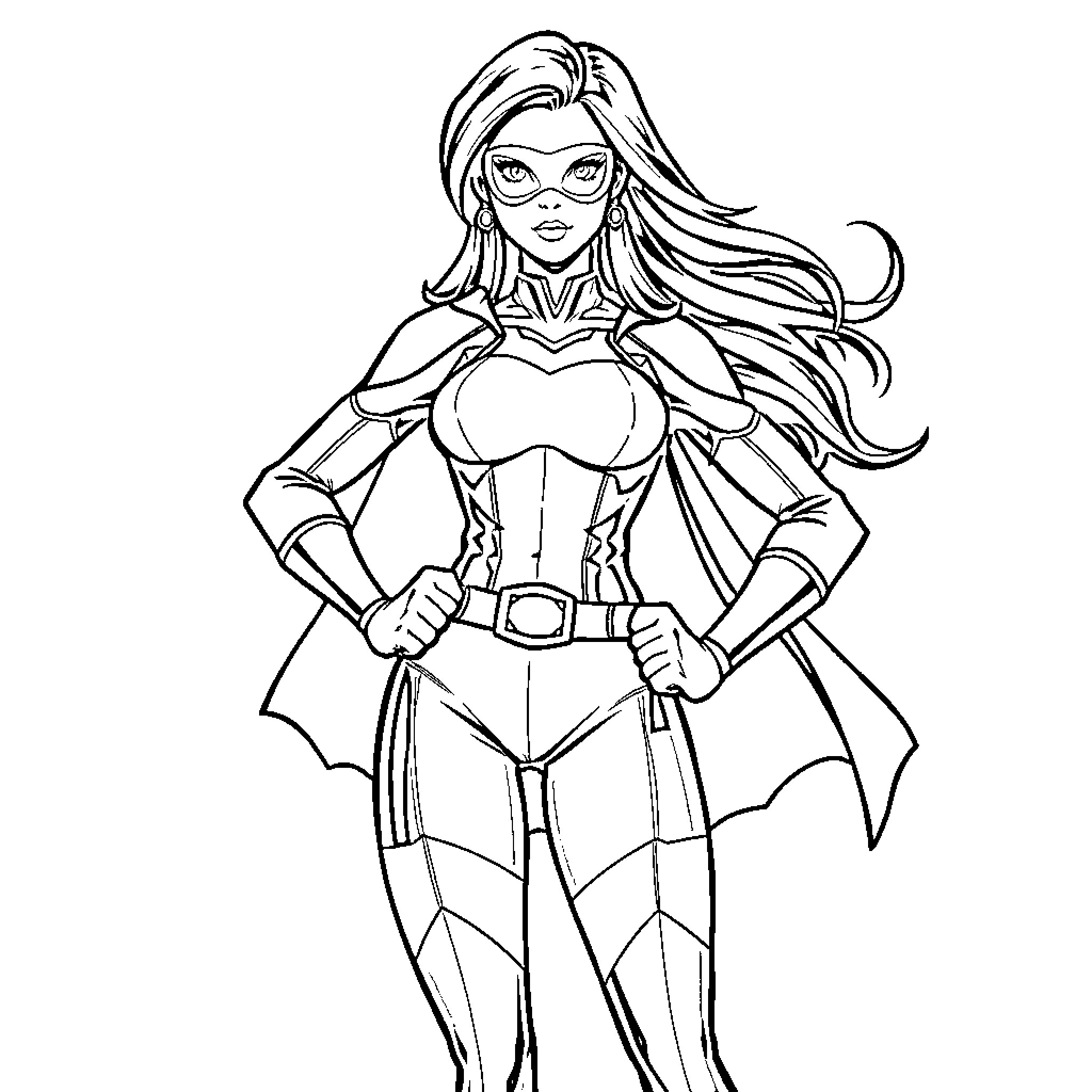 Superhero in Heroic Pose with Flowing Costume Coloring Page (free black-and-white line drawing printable PDF for all, from beginners to advanced learners, including children, teens, adults, and seniors)