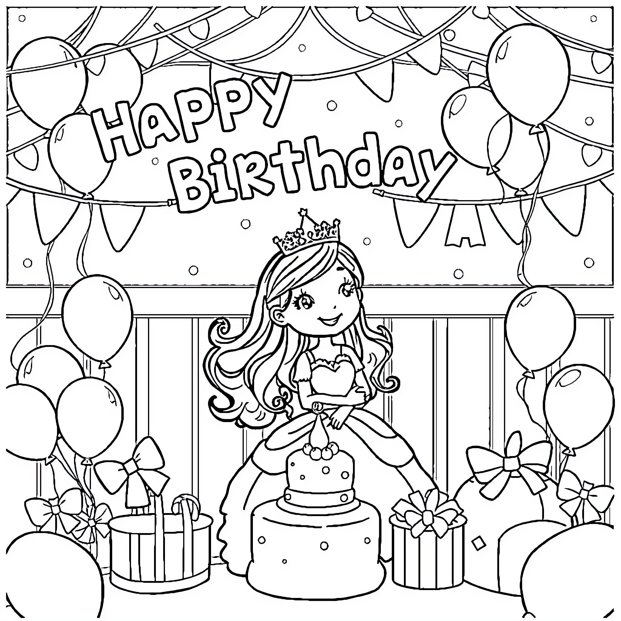 Princess Celebrating Happy Birthday with Cake and Balloons Coloring Page (free black-and-white line drawing printable PDF for all, from beginners to advanced learners, including children, teens, adults, and seniors)